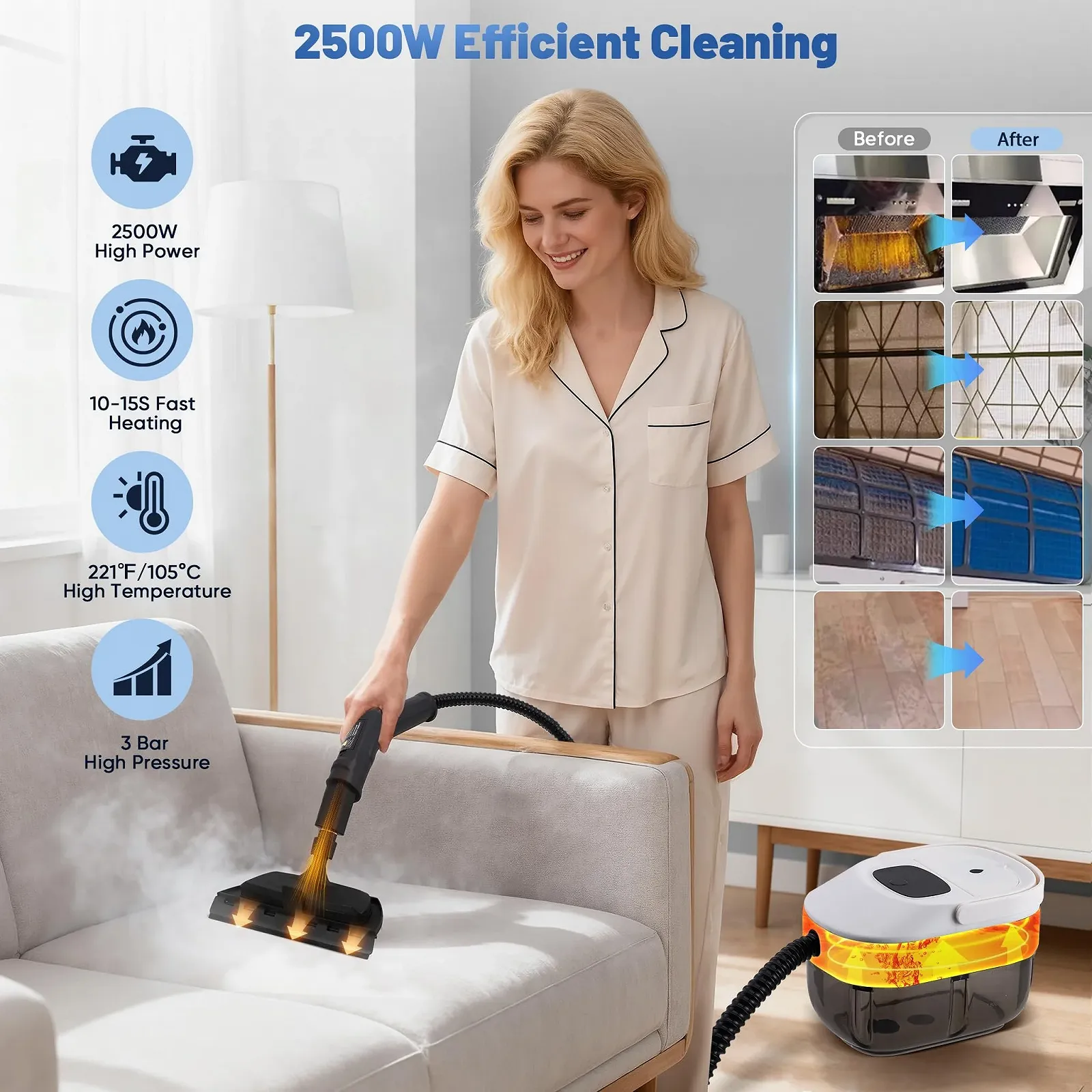 Ручний пароочисник 2500 Вт 1600 мл 3 бар із 6 щітками та 3 швидкостями, фото №4