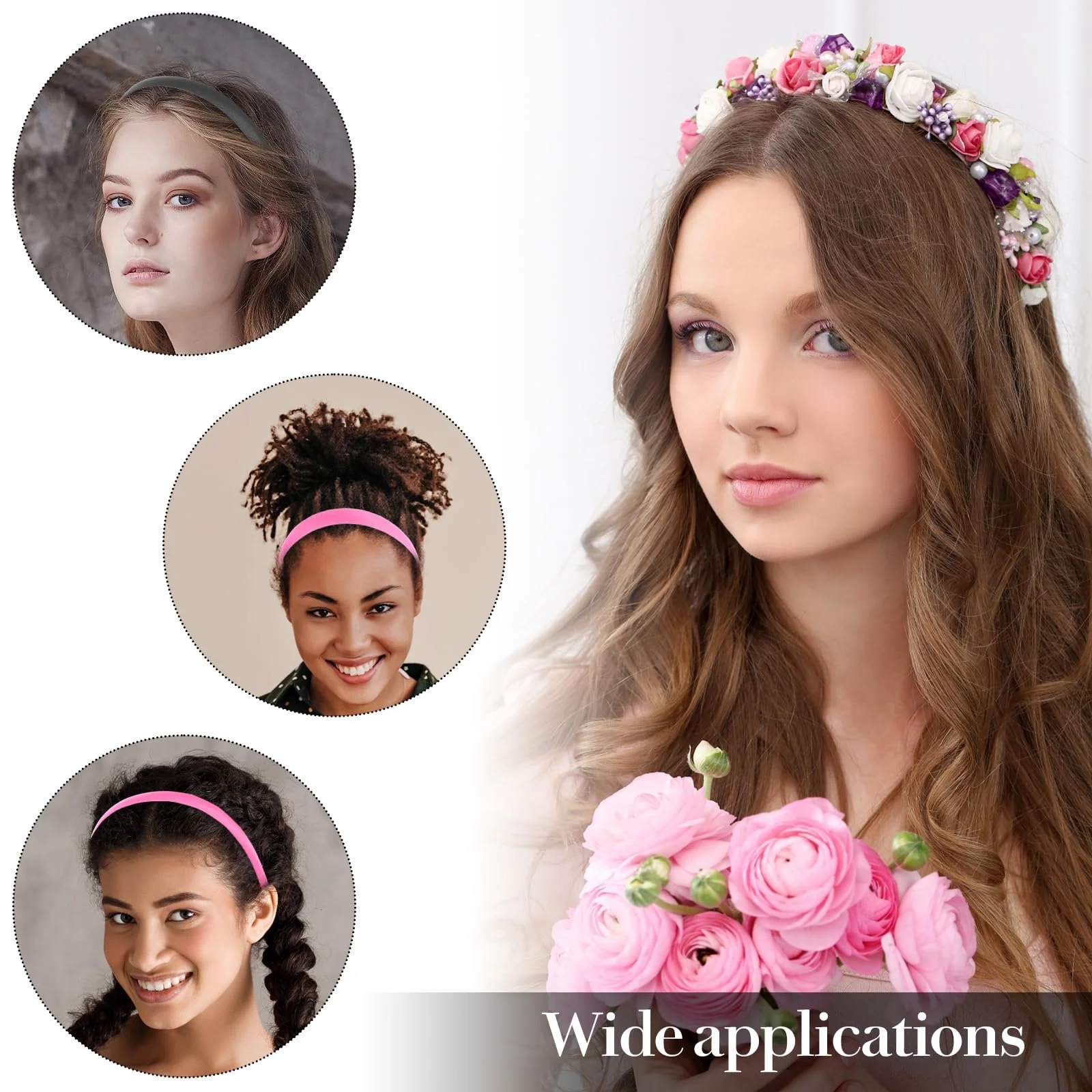 Обруч на голову атласна Pack of 2 Широка Однотонна Чорний + Рожевий, Ширина 1,5 см, фото №7