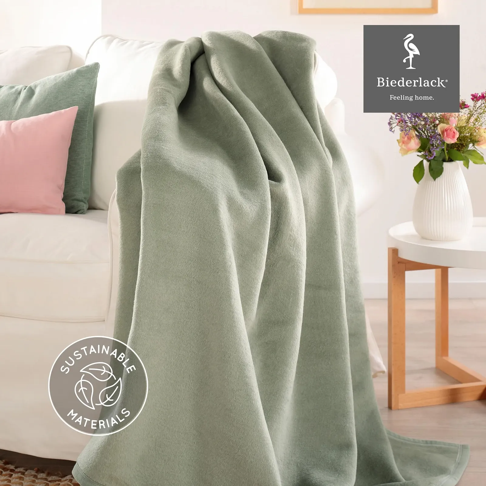 Одеяло Biederlack Fluffy Мягкое Из хлопка и полиакрила, Сделано в Германии, Oeko-Tex Made in Green, Экологически чистое, Однотонное Хлопковое одеяло - Шалфей, Одеяло для дивана 150 x 200 см, фото №3