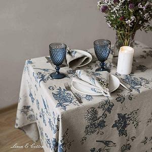 Скатертина Linen & Cotton Flores 100% льон Flower Motif Beige Blue 140 x 200 см synthetic.ua - Фото 1