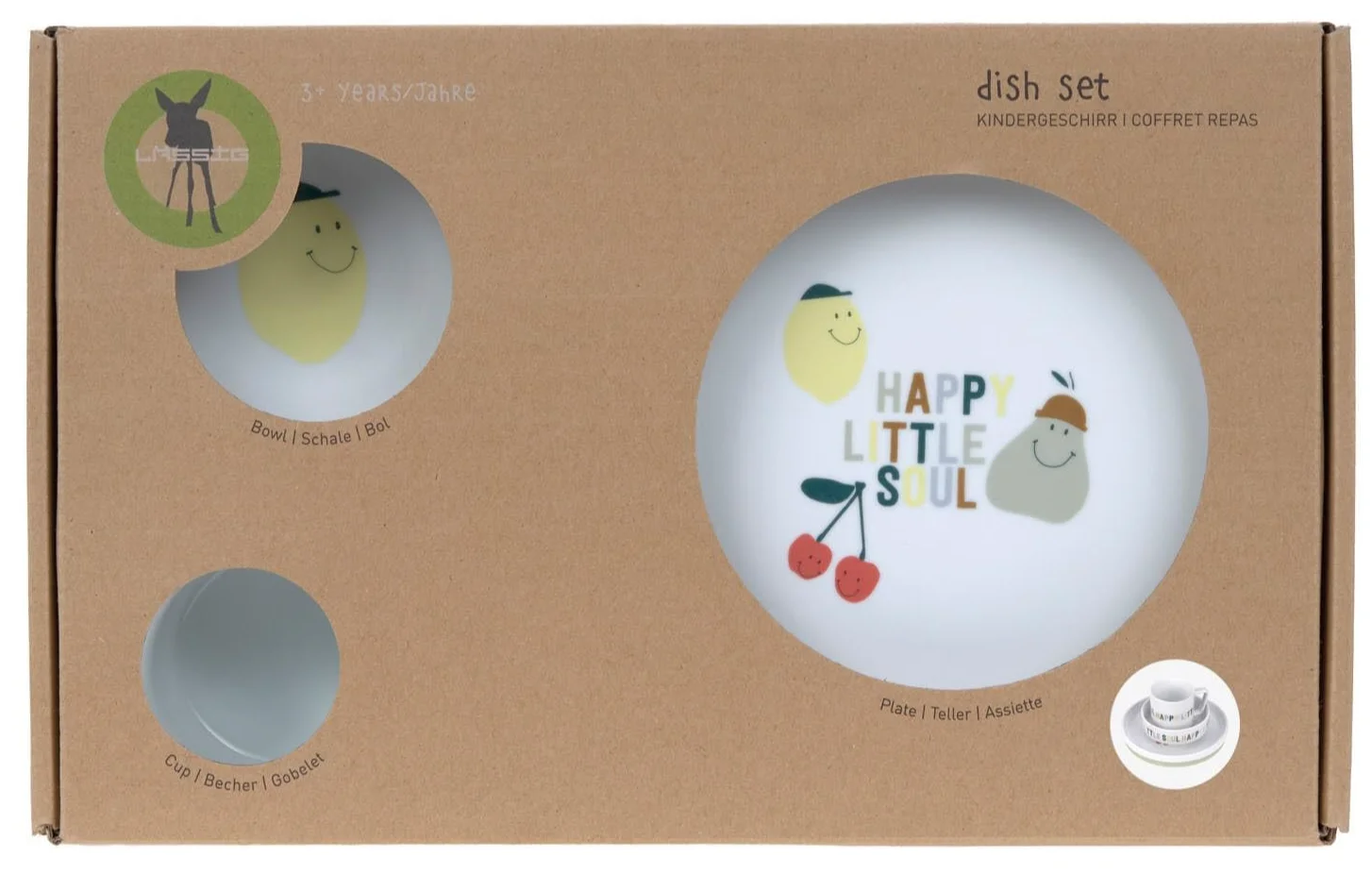 Дитячий порцеляновий набір посуду LÄSSIG Happy Fruits (тарілка, миска, чашка) з силіконовим кільцем, фото №3