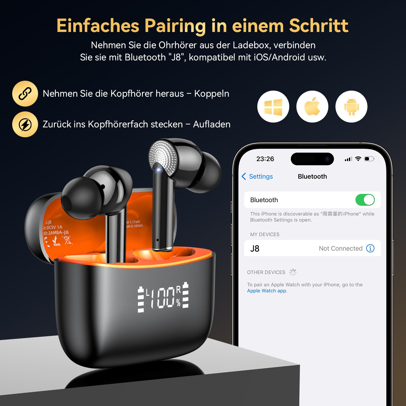 Наушники Bluetooth Беспроводные 5.3 Вставные с 4 ENC Микрофонами Глубокие Басовые Вкладыши 40 Часов IP7 Водонепроницаемые Светодиодный Дисплей/USB-C Оранжевые, фото №2