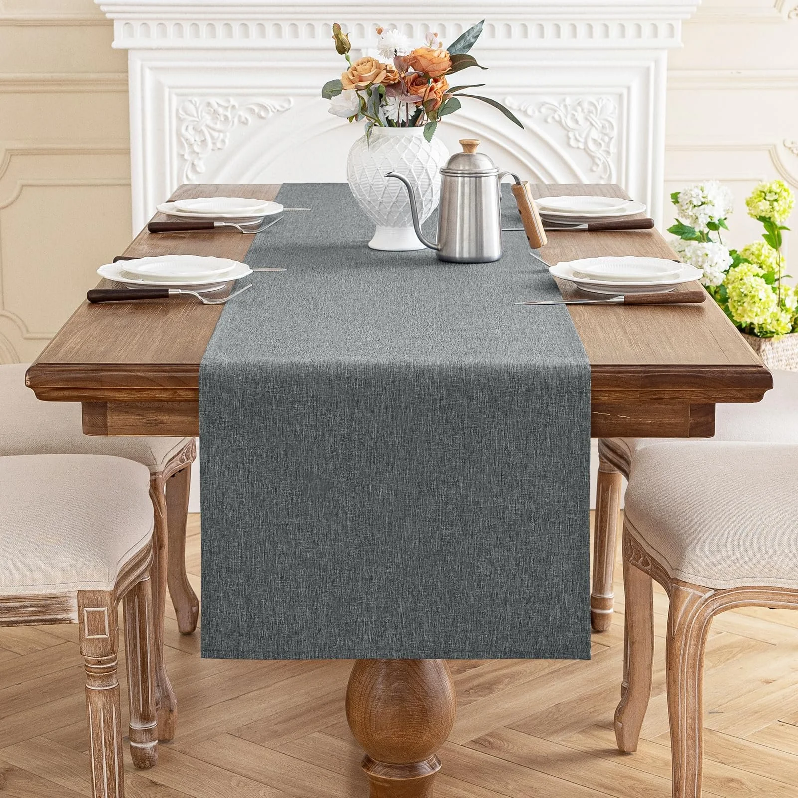 Ранер для столу AooHome Linen Look Washable Polyester Water-Repellent Lotus Effect Grey 40 x 140 см, фото №8