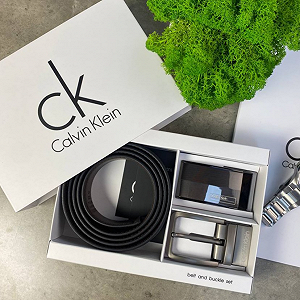 Чоловічий ремінь Calvin Klein шкіряний двосторонній чорно-коричневий з двома пряжками - Фото 1