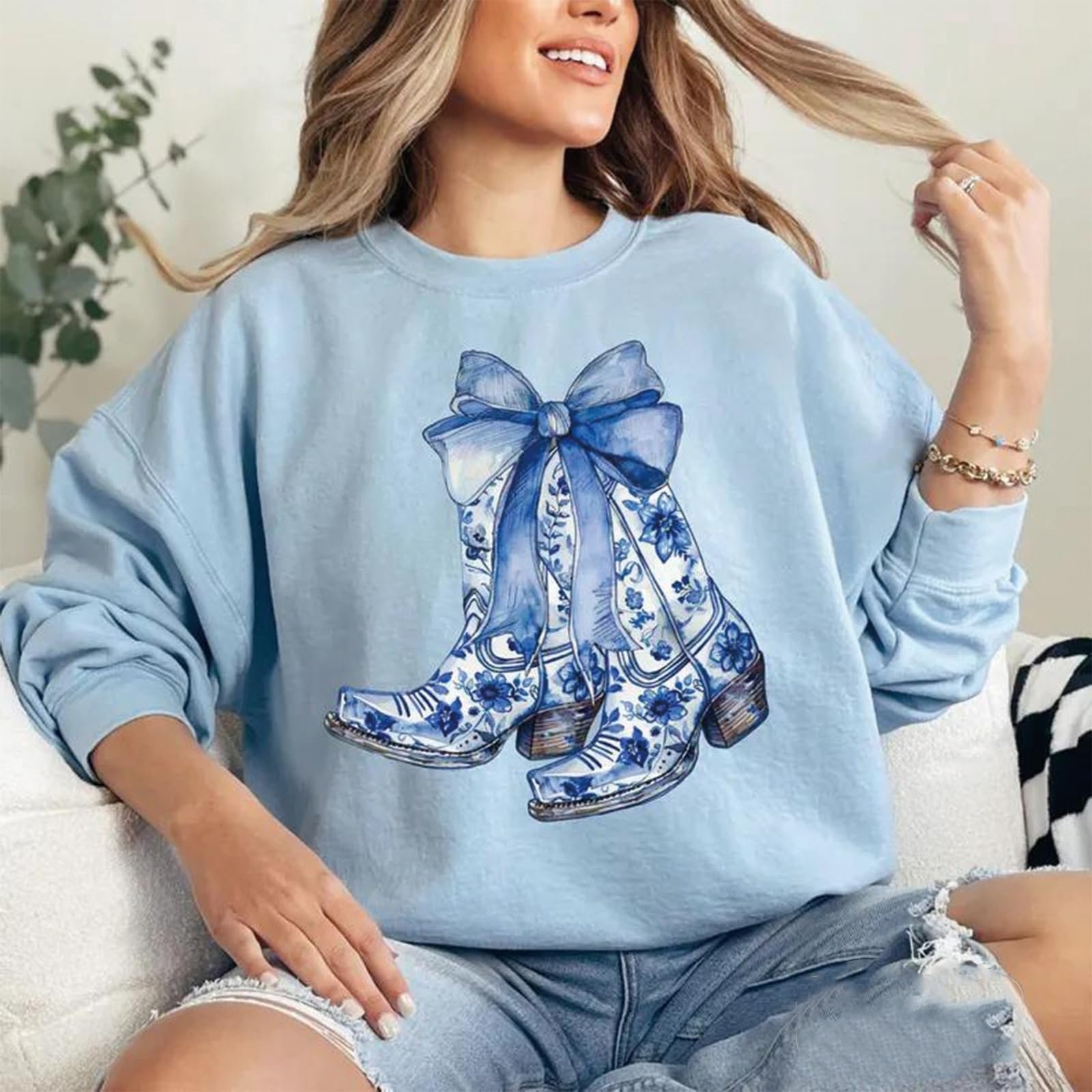 Женский Свитшот SANSIWU C Рождественским Принтом, Легкий Пуловер с Круглым Вырезом, фото №5