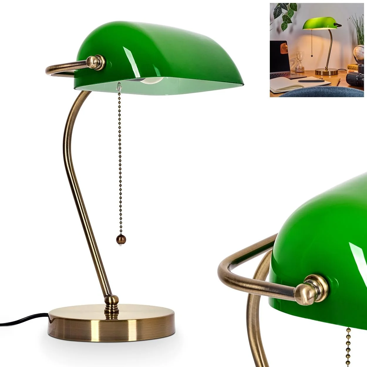 Настільна лампа HOFSTEIN Tremoceira Banker Lamp Ретро/Вінтаж Метал Скло Антична латунь Зелений 1 x E27 38 см, фото №1