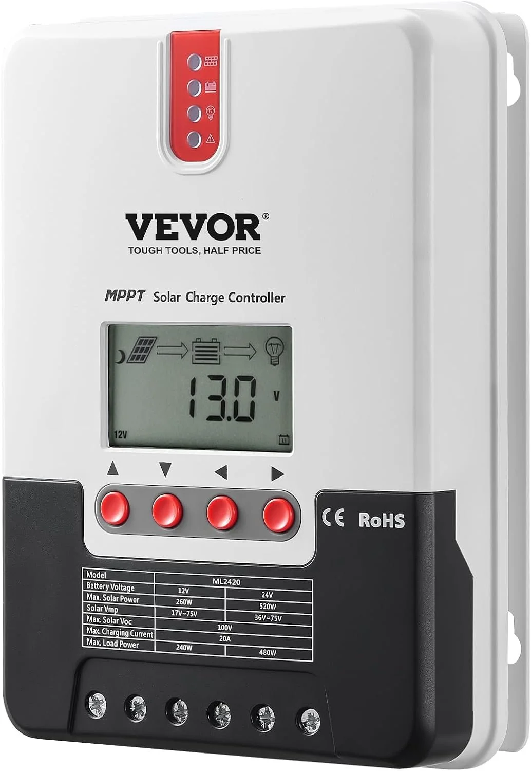 Контролер заряду VEVOR ML2420 / MPPT 20A / 12В/24В автовизначення / IP32 / Пасивне охолодження / Захист від переполюсовки / Сірий-Чорний, фото №2