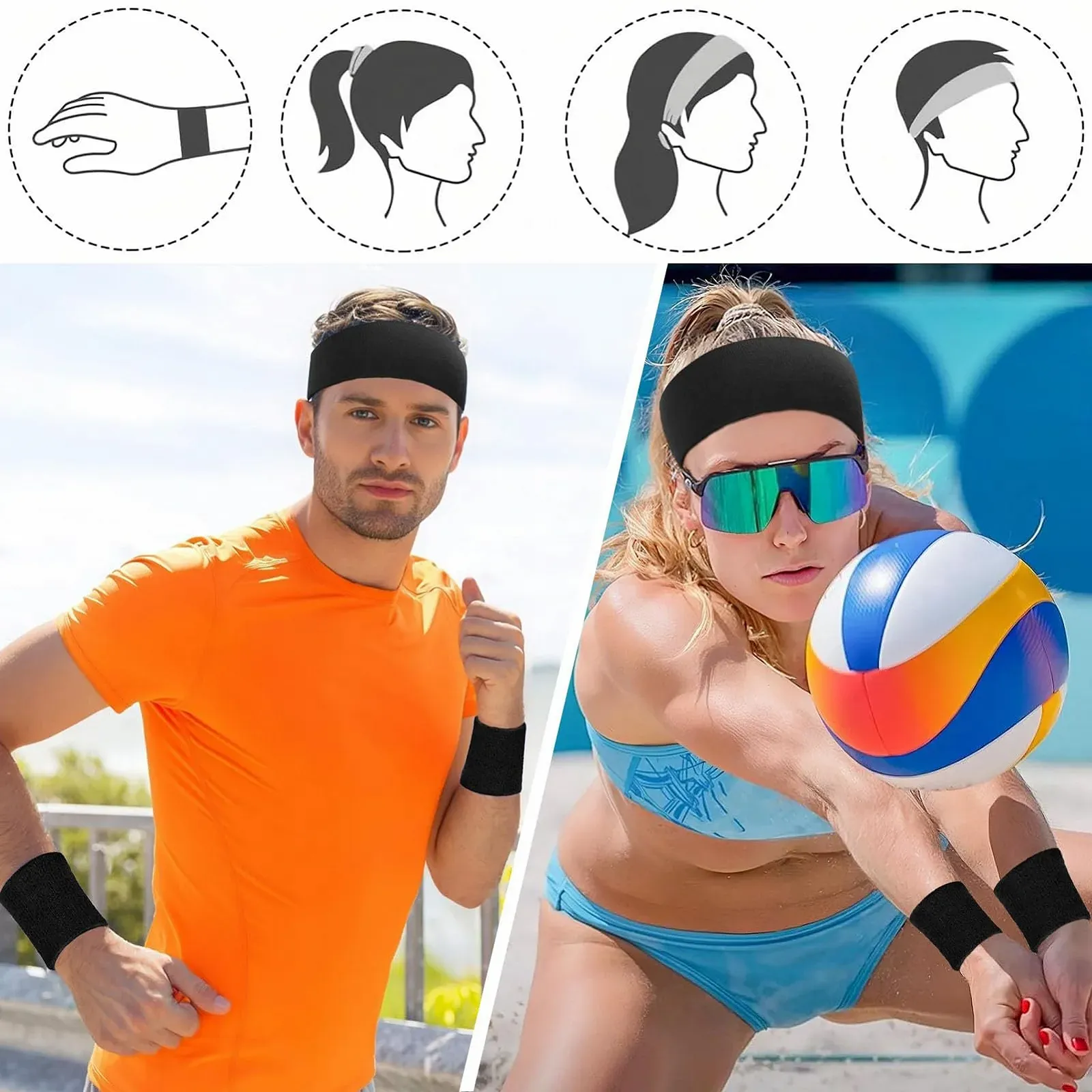 Пов'язка на голову Спортивна для жінок Еластична тонка Чорний, фото №5