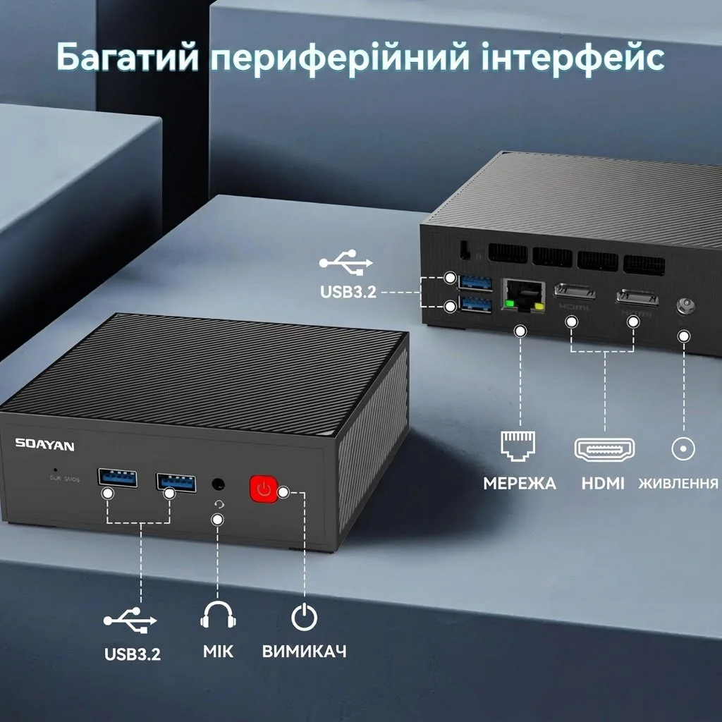 Міні ПК SOAYAN MN-N2 / Intel Processor N100 / RAM 16GB / SSD 512GB / Intel UHD Graphics / 2 x HDMI / LAN / Wi-Fi 6 / Bluetooth 5.2 / Windows 11 / Чорний, фото №4
