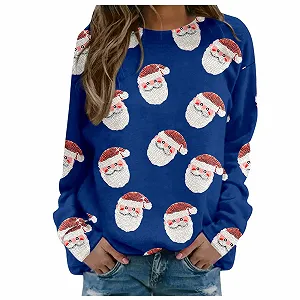 Женский рождественский джемпер Gwnauz Костюм Санты Женский рождественский джемпер с длинными рукавами Свитшот с круглым вырезом и длинными рукавами Хлопковые топы с принтом Санты Зимняя осенняя уличная одежда Рубашка - Фото 1