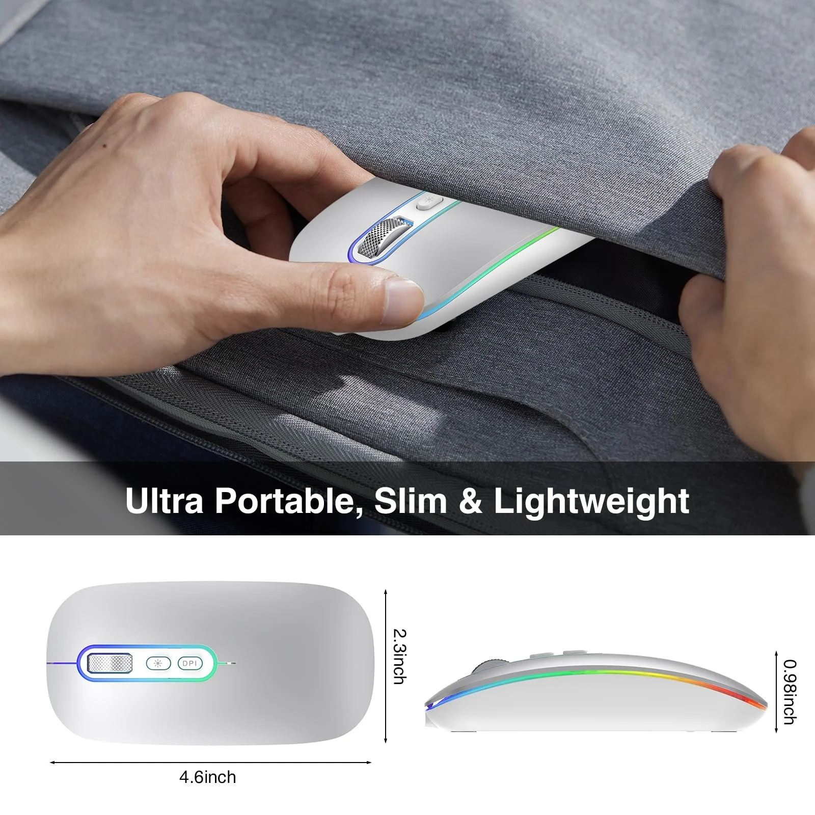 Миша Bluetooth Cimetech Wireless (Bluetooth 5.1 + USB 2.4 GHz) LED Dual Mode Rechargeable Optical Office Wireless для ноутбука MacBook Air Pro, iPad, комп'ютера, настільного ПК з адаптером USB C, фото №7