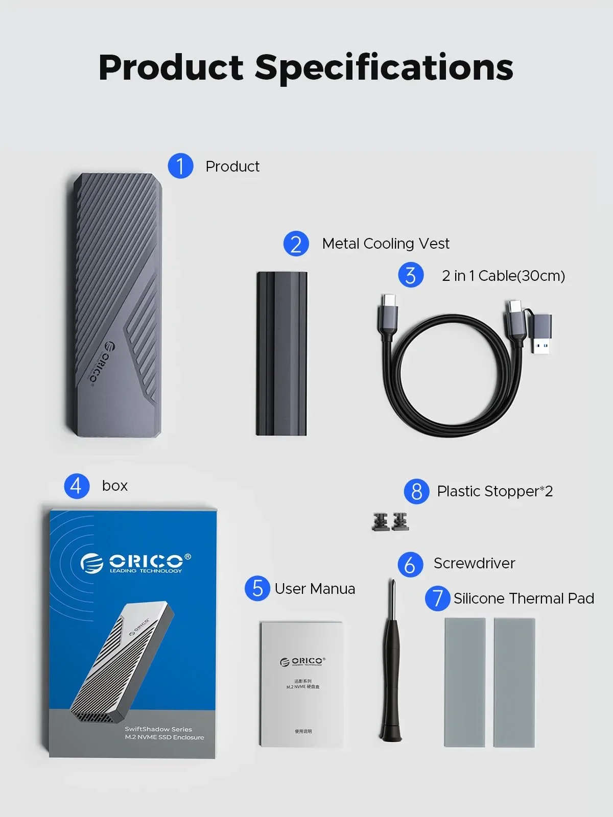 Внешний карман ORICO CNM2-U4 40Gbps M.2 NVMe SSD to USB4, Thunderbolt 4 Grey, фото №14 Внешний карман ORICO CNM2-U4 40Gbps M.2 NVMe SSD to USB4, Thunderbolt 4 Grey, фото №14