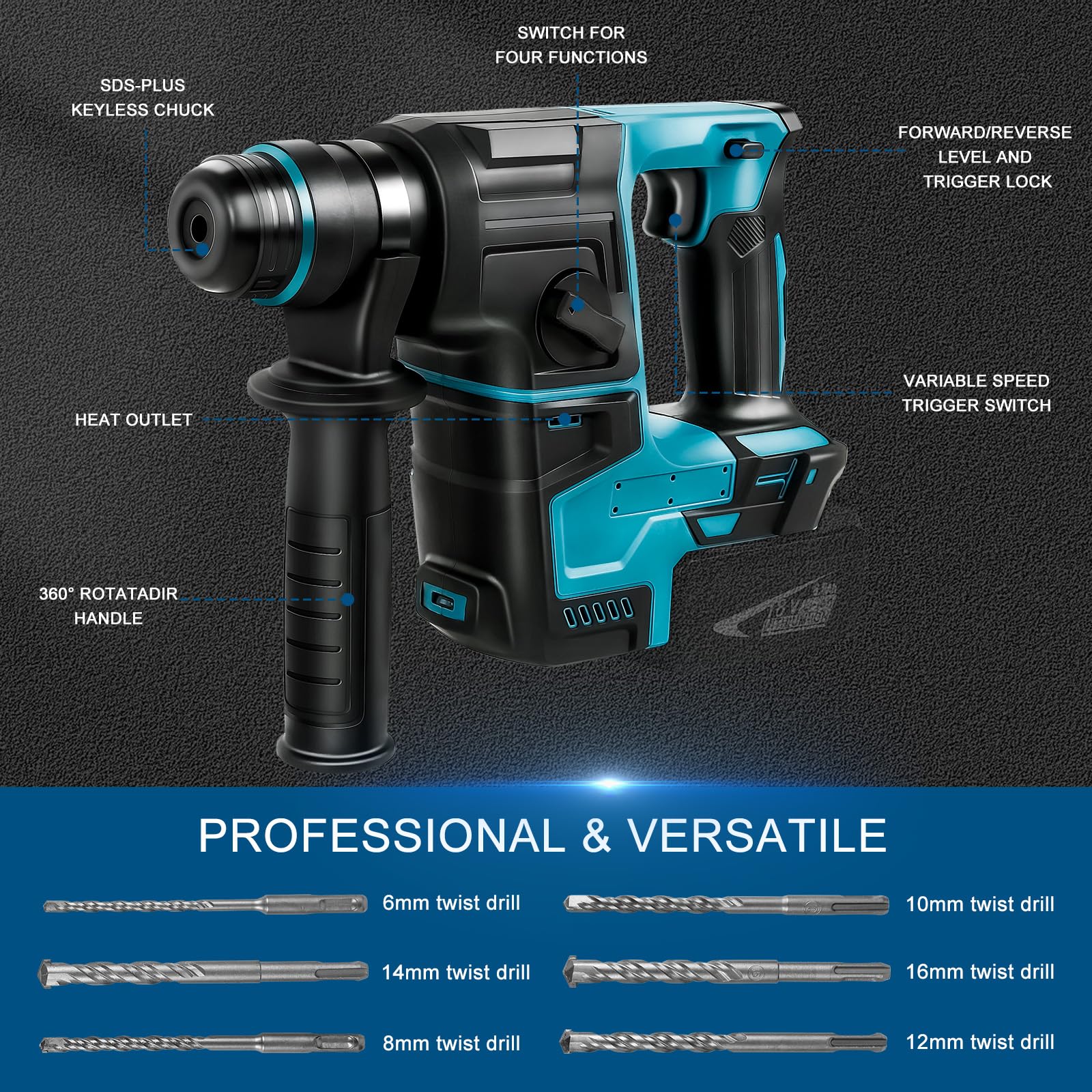 Аккумуляторный перфоратор для аккумулятора Makita 18 В 600 Вт безщеточный 1350 об/мин с 6 аксессуарами 3-в-1 электрический (без аккумуляторов и зарядного устройства), фото №2