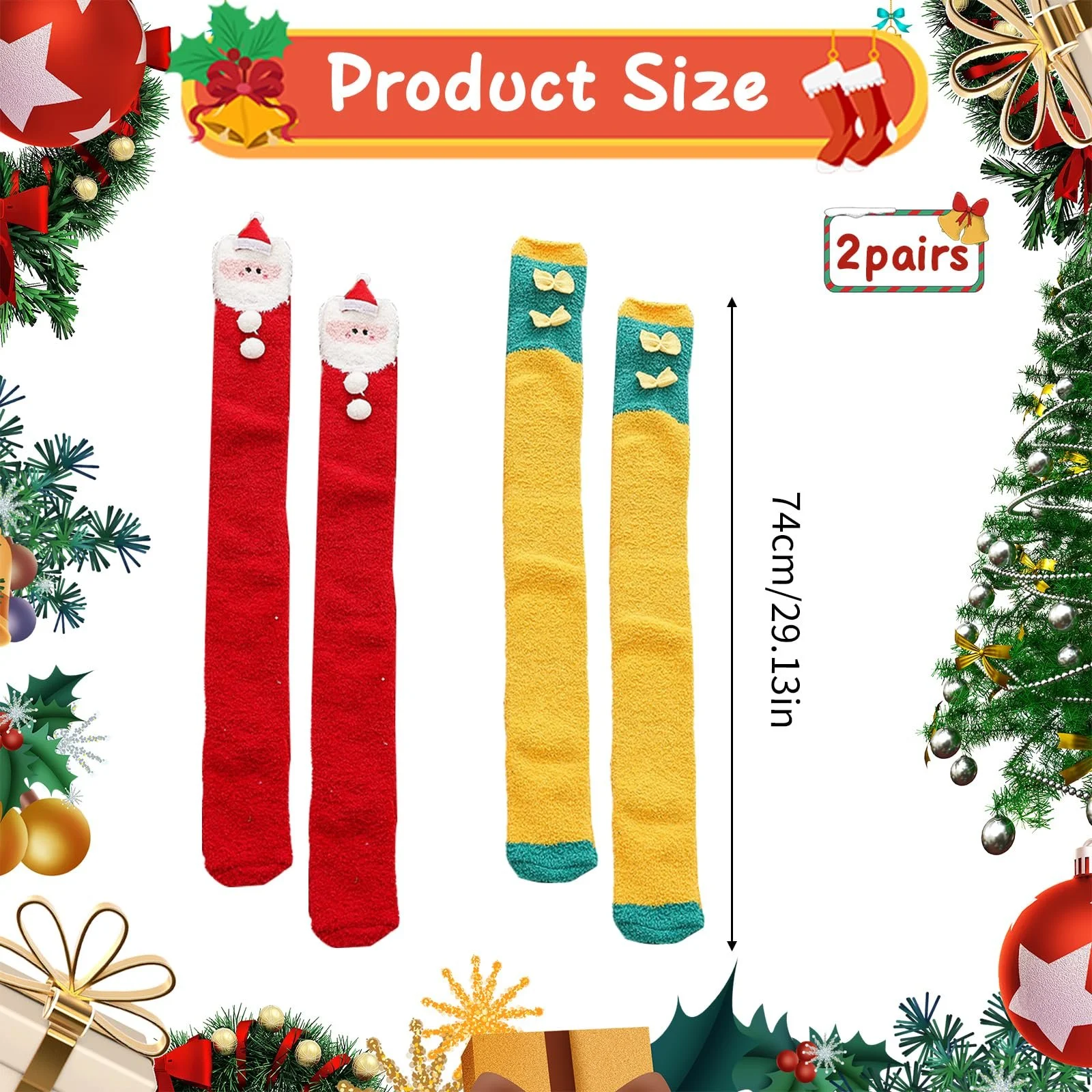 2 пары рождественских чулок выше колена Santa Warmer Winter Knee Socks Women Christmas Knee Socks Christmas Ladies Coral Fleece Long Knee Socks for Women Girls Xmas Winter Gifts, красный / желтый, фото №2