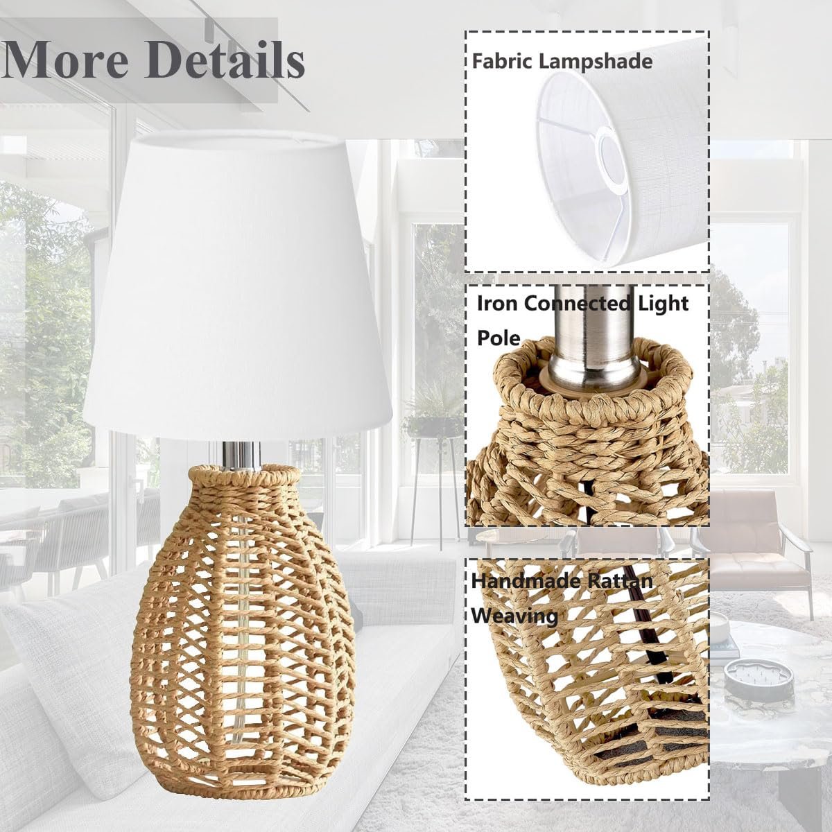 Настільна лампа White вінтажна, ротанг, тканинний абажур, Boho, Japandi, E27., фото №2