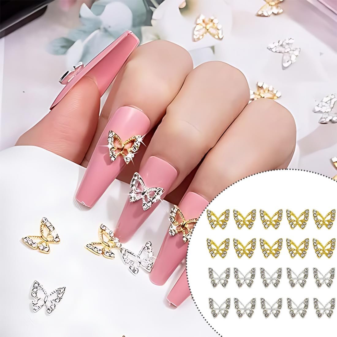 Шармы для ногтей Бабочки из сплава, 20 шт, серебристые, металлические, подвески для дизайна ногтей, стразы для ногтей, ювелирные изделия для ногтей, фото №6