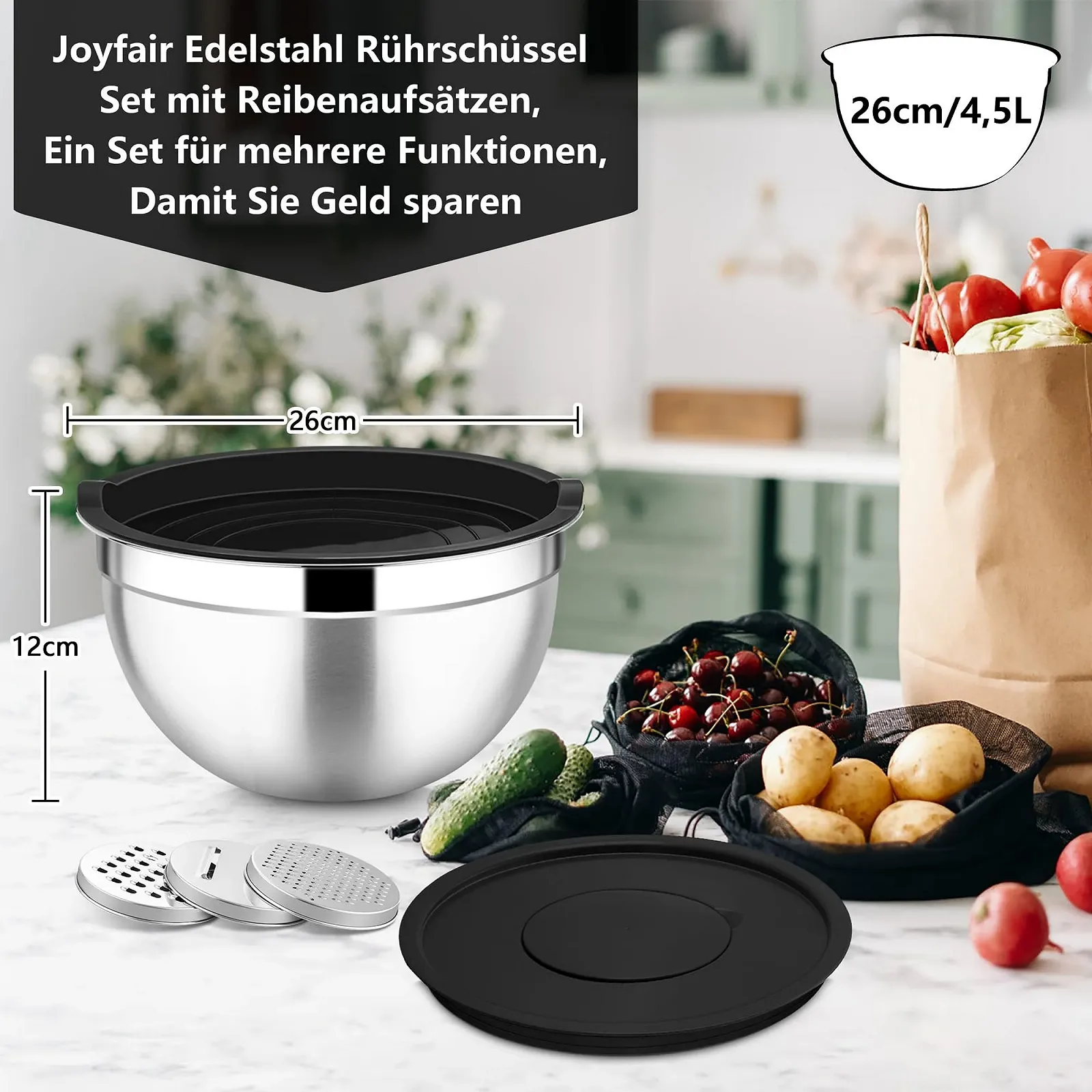 Миска для змішування Joyfair 4,5 л з герметичною та знімною кришками та 3 тертками нержавіюча сталь, фото №2