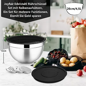 Миска для змішування Joyfair 4,5 л з герметичною та знімною кришками та 3 тертками нержавіюча сталь synthetic.ua - Фото 1