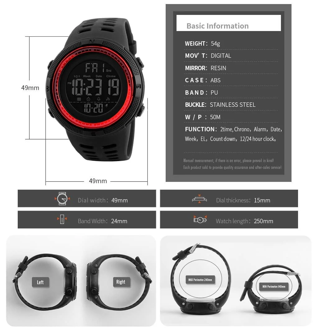 Цифровий Спортивний годинник TONSHEN 50 м LED Червоний, фото №5