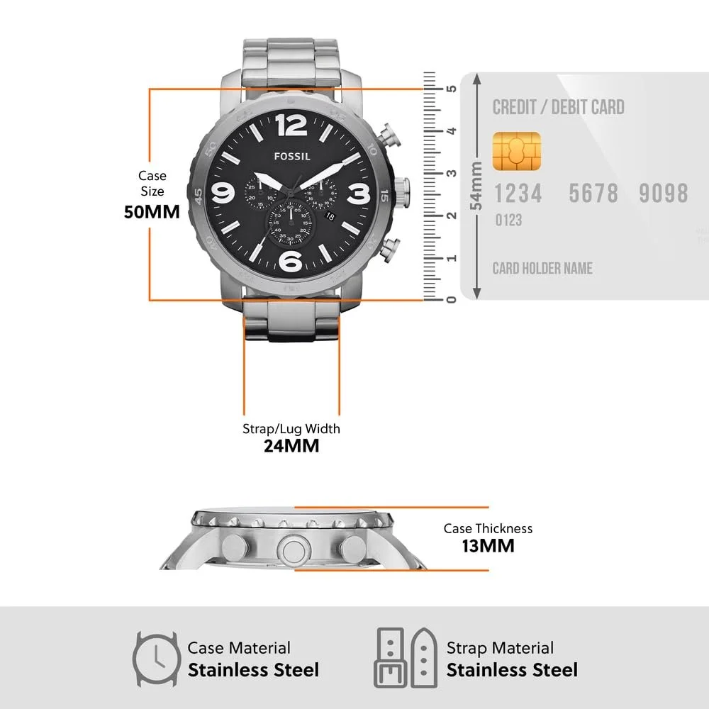 Чоловічий годинник Хронограф Fossil Nate Кварцовий механізм Сріблястий, 50 мм, фото №5 Чоловічий годинник Хронограф Fossil Nate Кварцовий механізм Сріблястий, 50 мм, фото №5