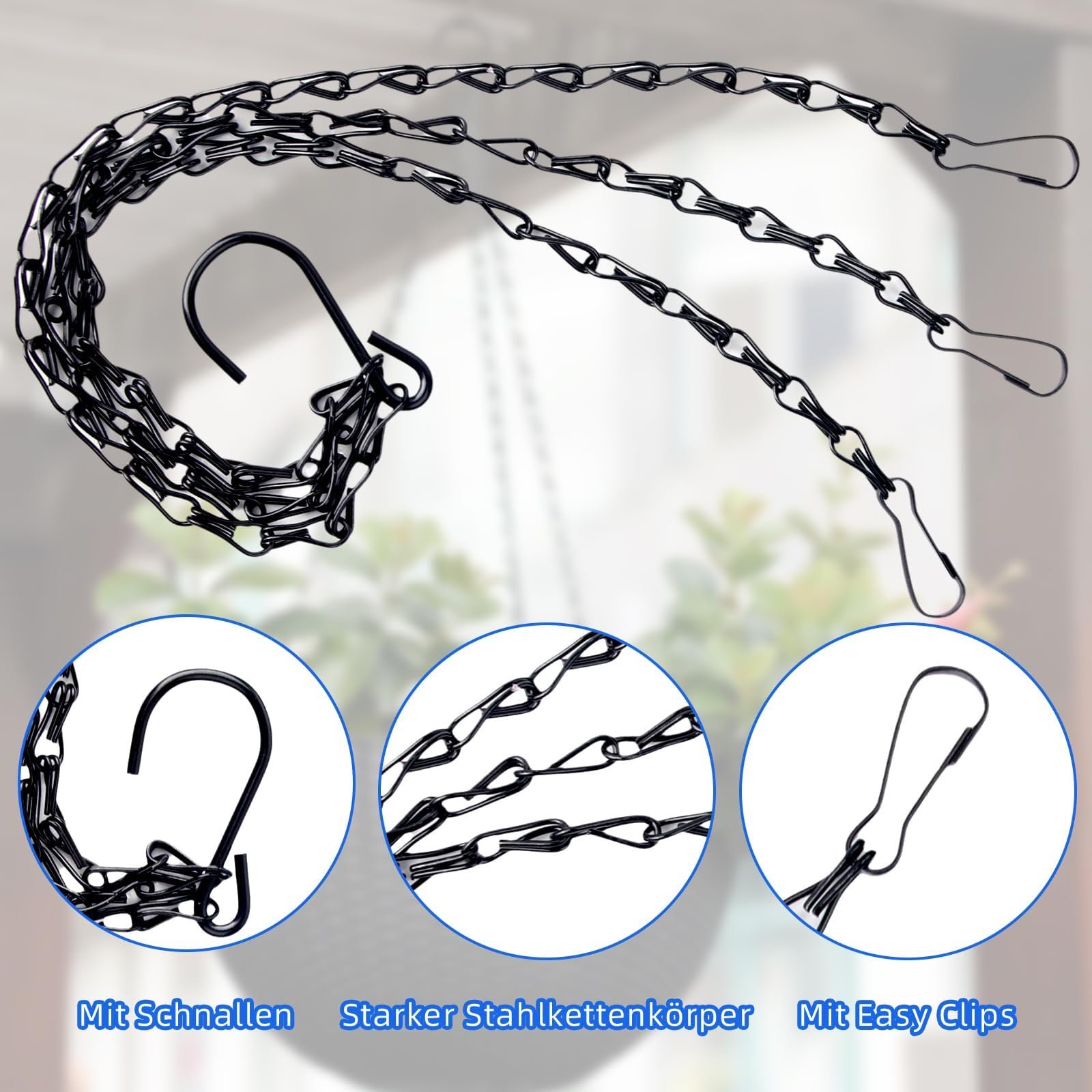 Ланцюги для підвісних кошиків Набір із 2 шт. металеві 3-променеві з гачками та затискачами 40 см Black, фото №3 Ланцюги для підвісних кошиків Набір із 2 шт. металеві 3-променеві з гачками та затискачами 40 см Black, фото №3