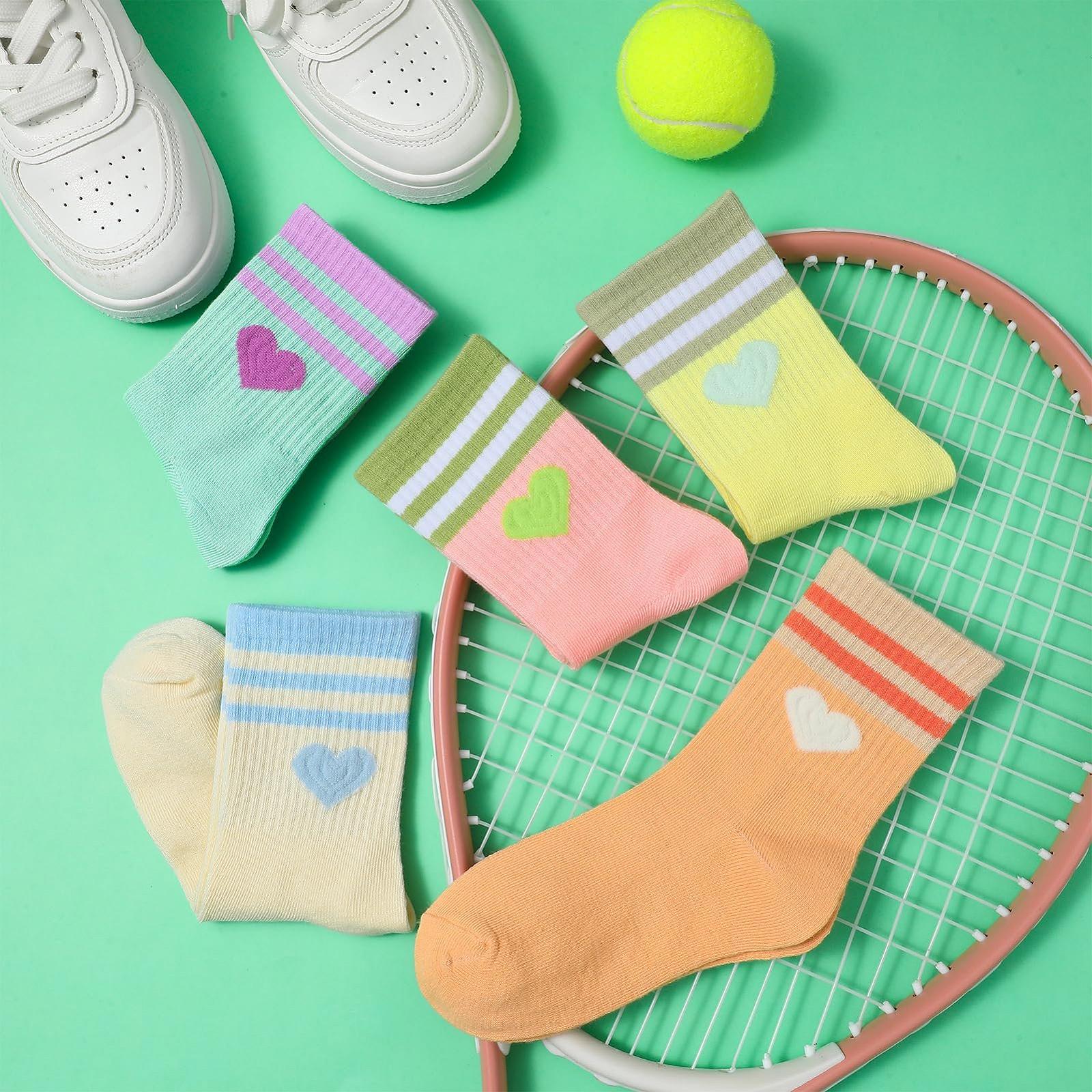 Женские носки с сердечком Размер 33-37, Спортивные носки в стиле ретро с полосками, Теннисные носки, Хлопковые носки для девочек, Носки для бега, Короткие носки (разноцветные), фото №5