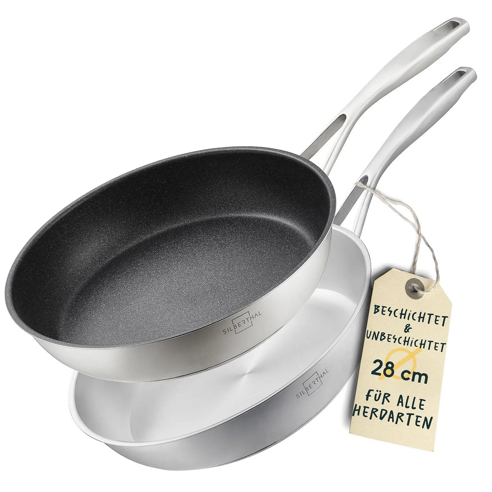Набір пательнь SILBERTHAL з нержавіючої сталі, 2 шт, 28 см, без покриття та з покриттям, можна використовувати в духовці та мити в посудомийній машині, фото №1