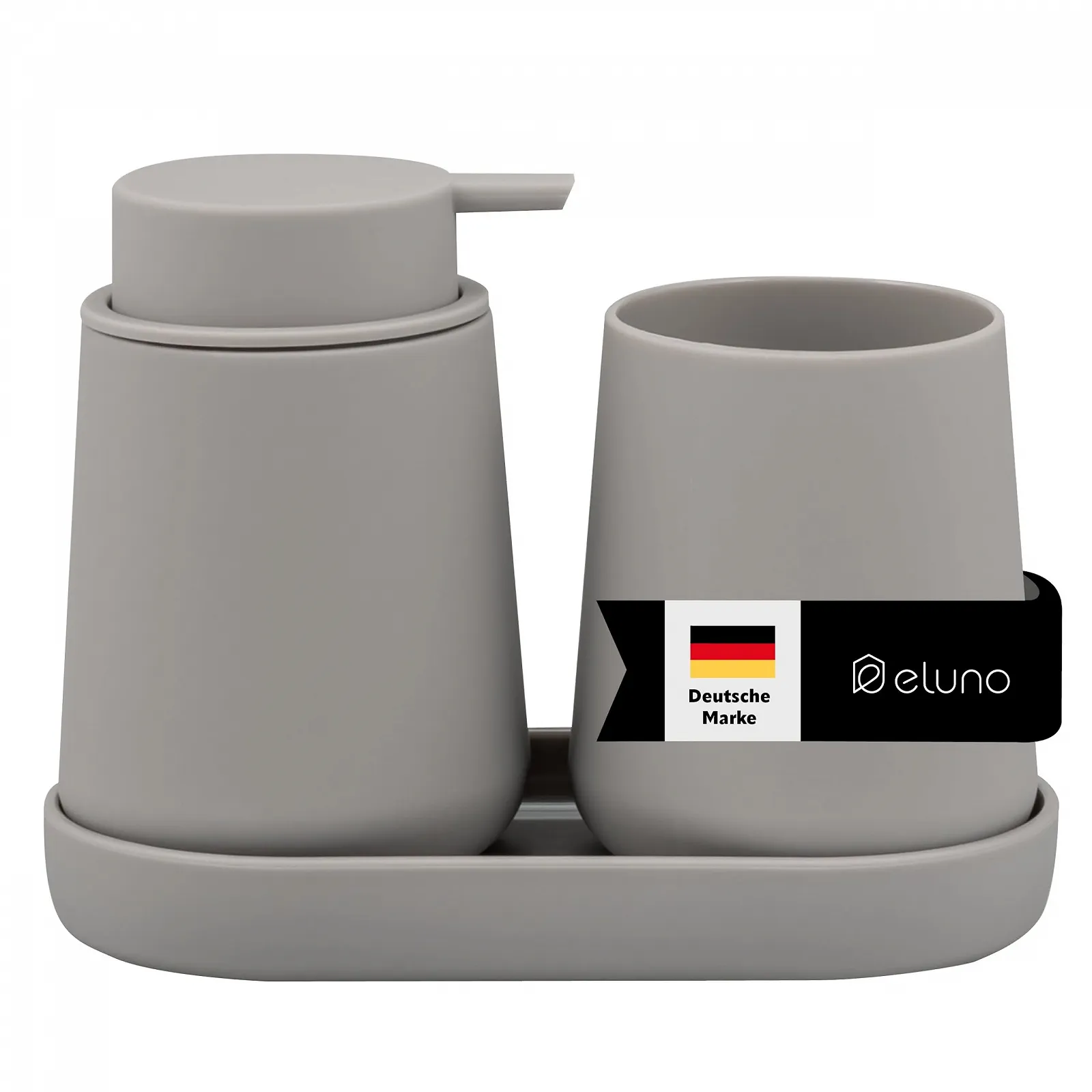 Набор для ванной комнаты Eluno Tesero, 3 предмета дозатор для мыла, стакан и мыльница, пластик, Taupe, фото №1