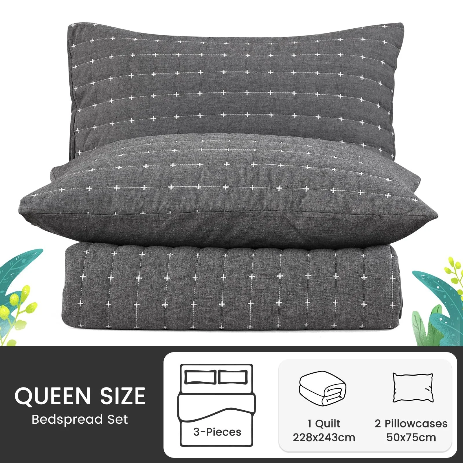 Покрывало Qucover 240 x 260 см, темно-серое, 100% хлопок, ультрамягкое, вышитое, стеганое, с 2 наволочками, плед для дивана, фото №6