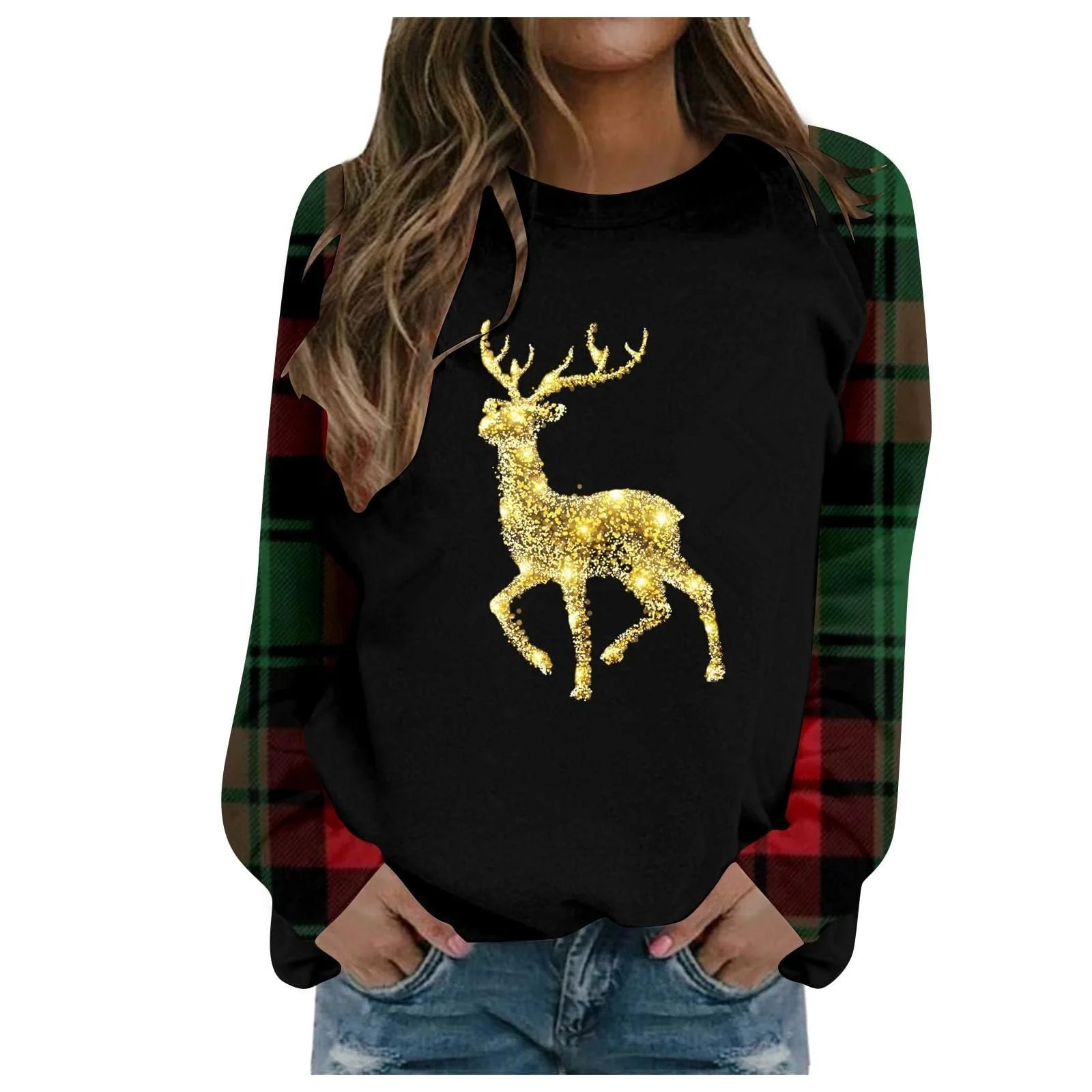 Рождественский джемпер Женский смешной свитшот с принтом оленя, круглый вырез, длинный рукав, повседневный уродливый рождественский свитер, свободные топы, рождественский джемпер для женщин больших размеров, фото №1