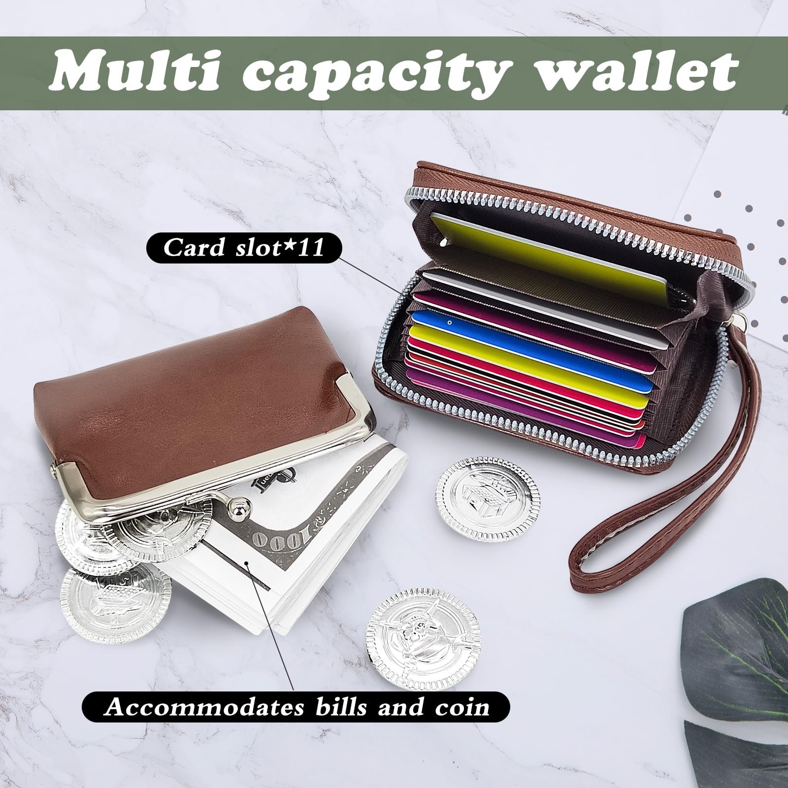 Кошелек MultiValue Женский 2 в 1 Большой Вместимости Держатель Кредитных Карт Кошелек для Монет с Ремешком на Запястье Съемный на Молнии Женский, коричневый, фото №4