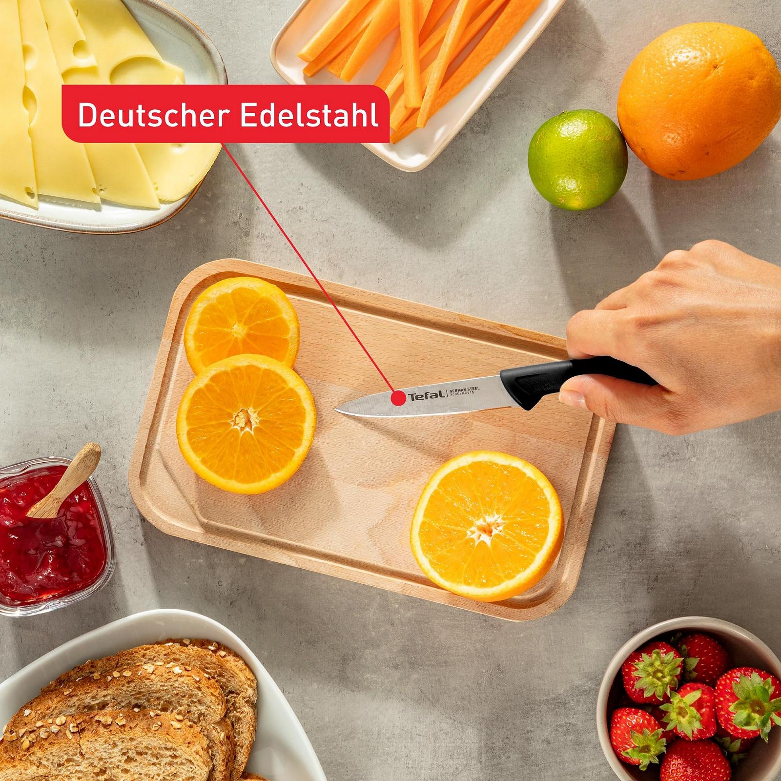 Набор ножей Tefal Colorfood K2733S, 3 шт | Универсальный нож (10 см) / Нож для очистки овощей (8 см), зубчатый нож для очистки овощей (8 см), гладкий | Немецкая нержавеющая сталь | Устойчив к коррозии | Эргономичный | Безопасный | Черный, фото №6