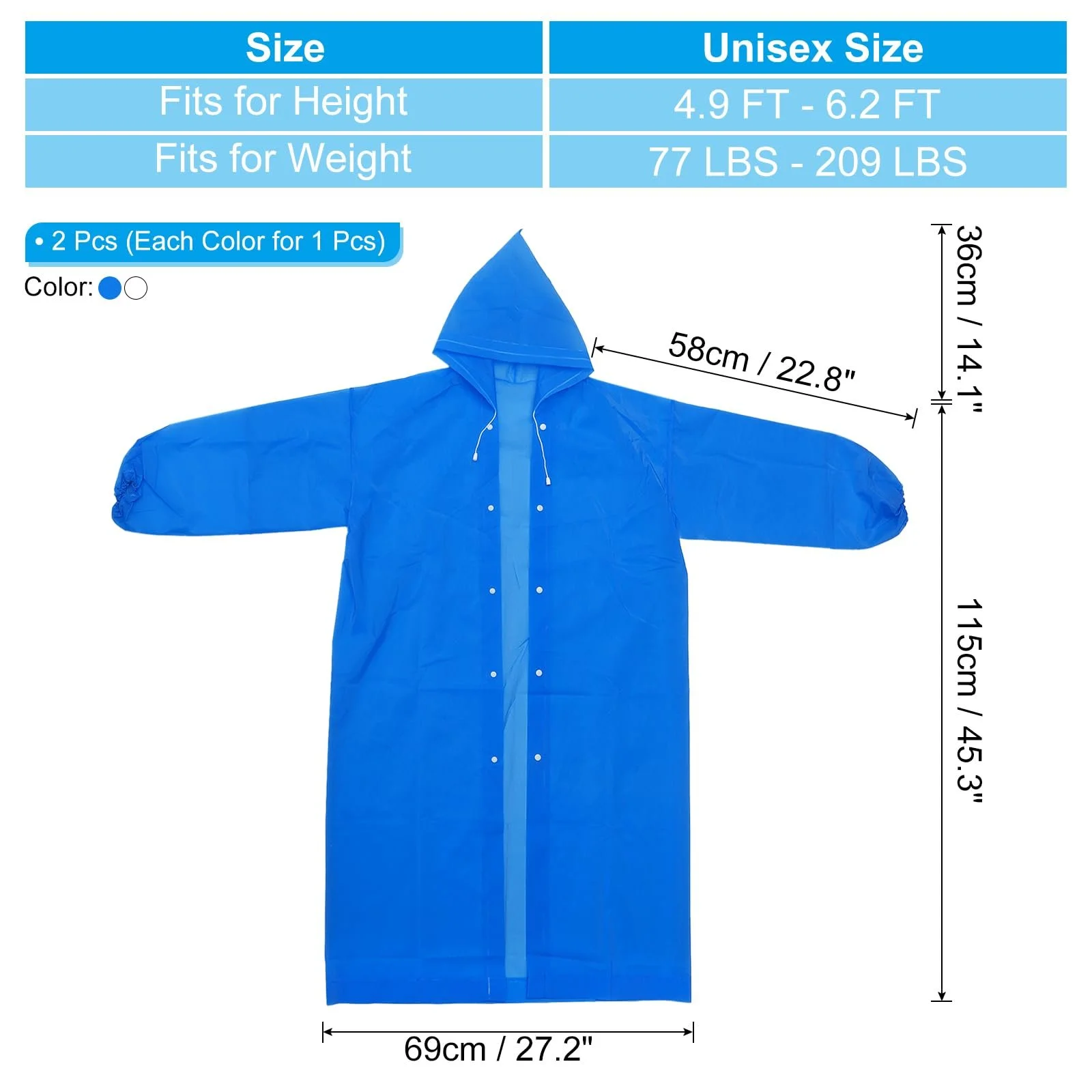 Плащ-дощовик PATIKIL 2 шт. Легкий, багаторазовий EVA Синій, білий, фото №2