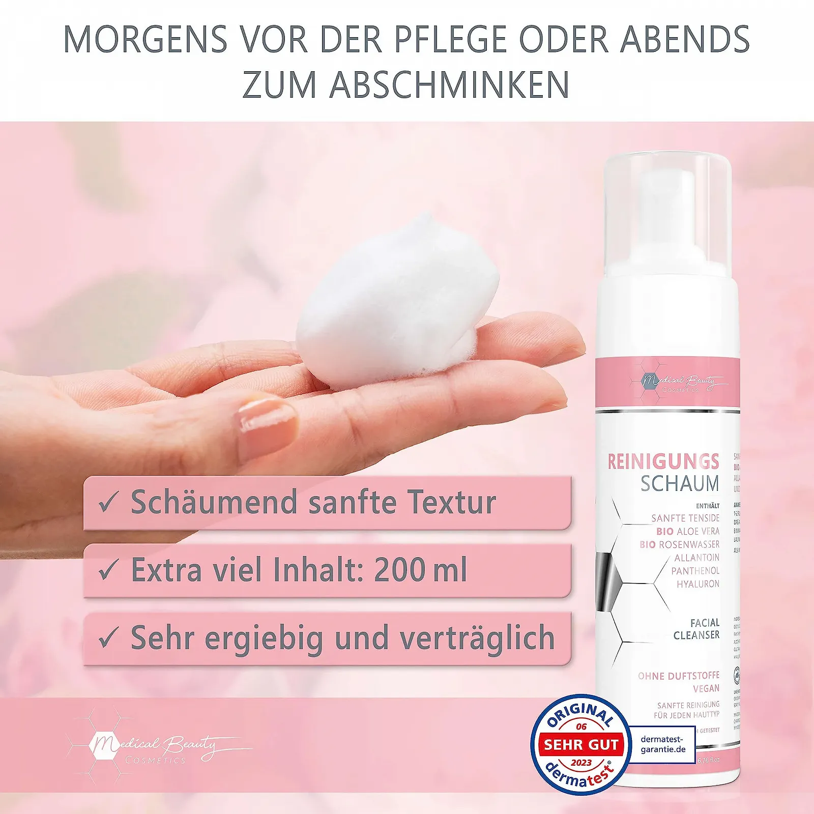 Пінка для вмивання 200 мл з гіалуроном, органічною трояндовою водою, органічним алое вера глибоке очищення пор, фото №3 Пінка для вмивання 200 мл з гіалуроном, органічною трояндовою водою, органічним алое вера глибоке очищення пор, фото №3