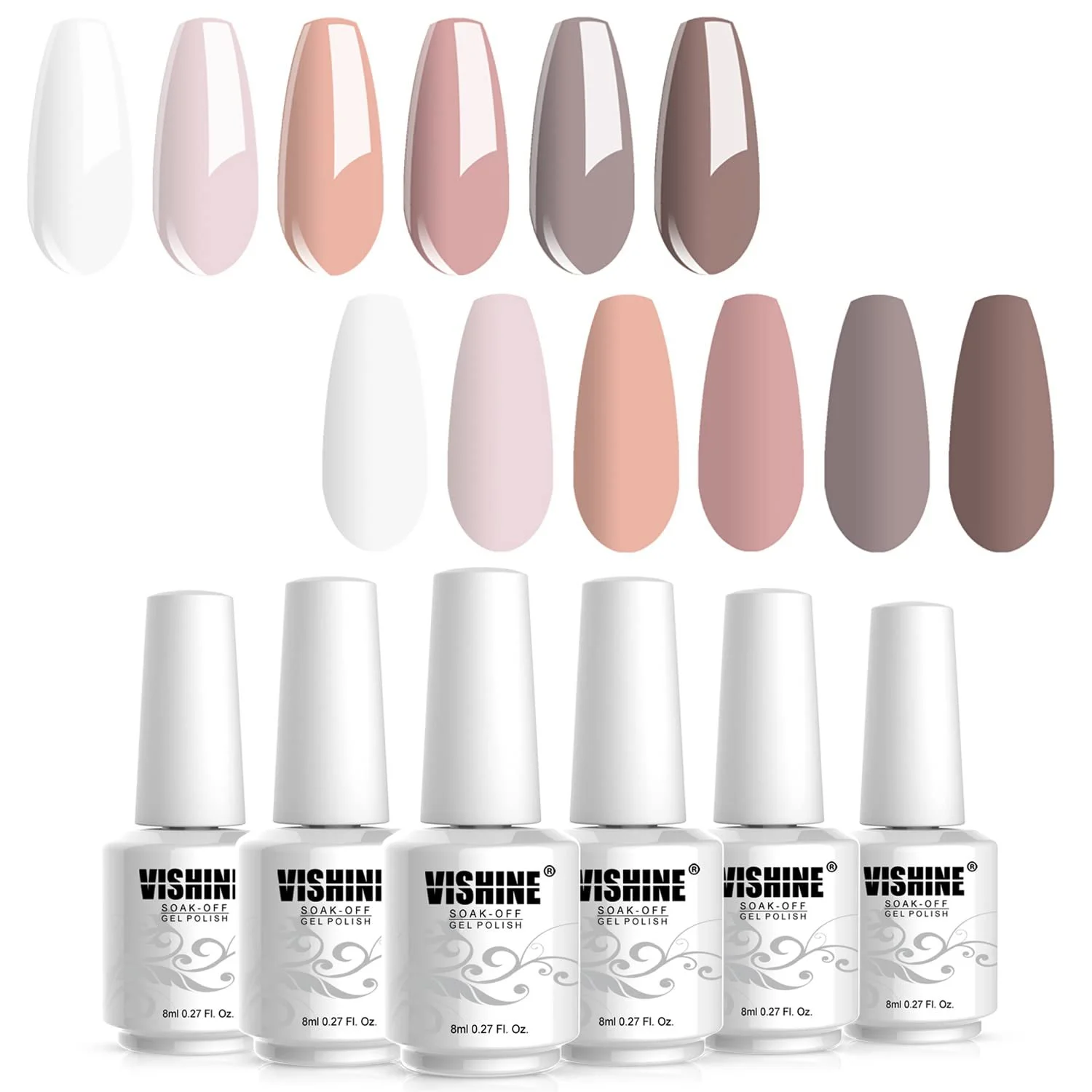 Гель-лак Vishine Набір нюдових кольорів 6 шт Натуральний білий нюдовий шелак 8 мл, фото №3