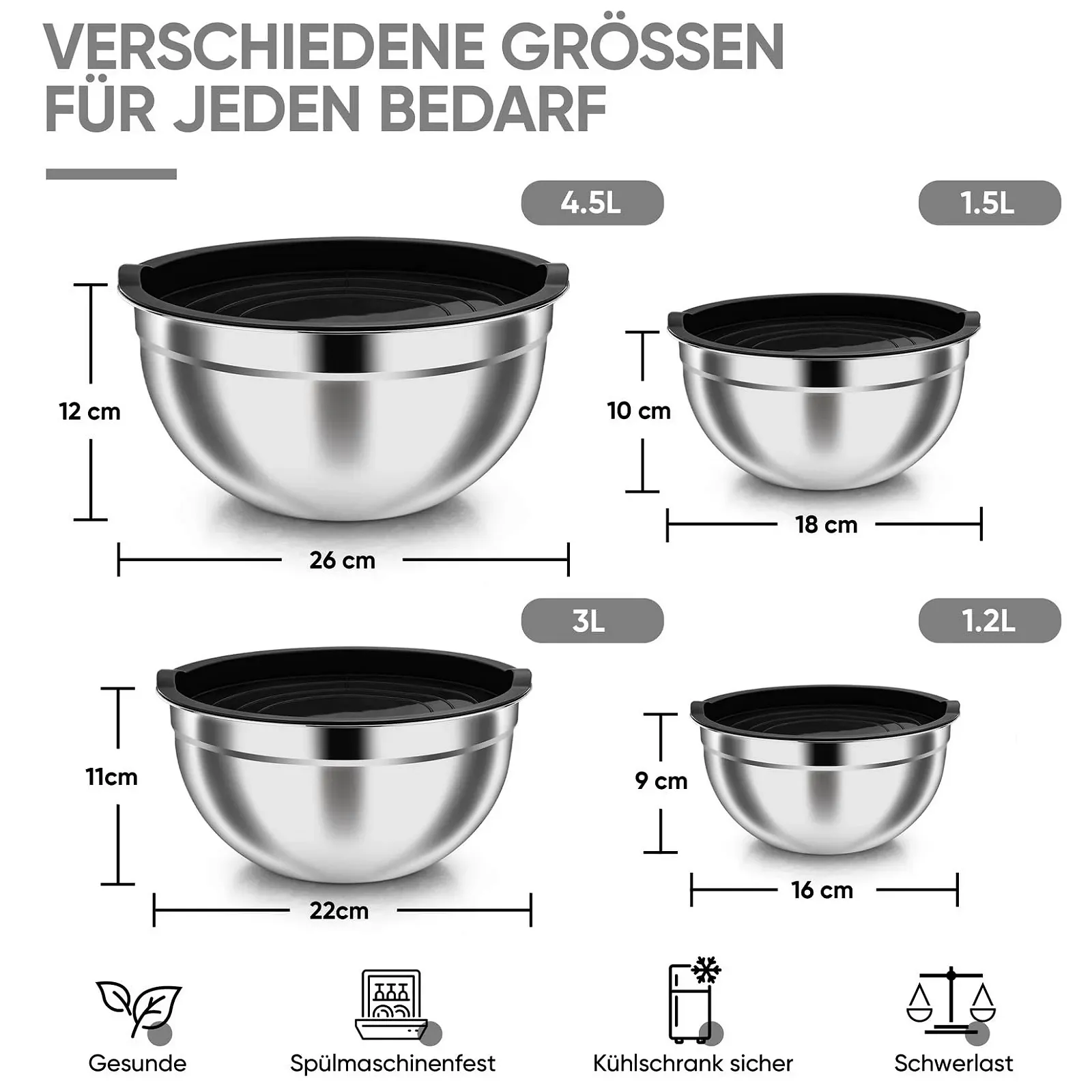 Набір мисок для змішування Onader 4 предмети 4.5 л 3 л 1.5 л 1.2 л Stainless Steel Black, фото №2