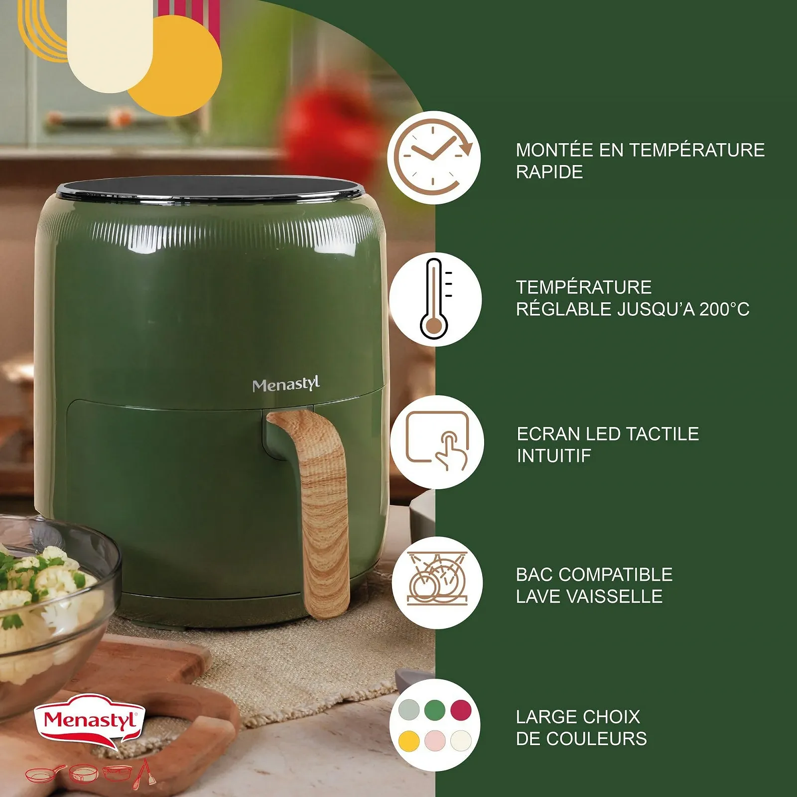 Мультипечь MENASTYL Colorama 4.5 л 8 программ без PFAS Оливковая, фото №3 Мультипечь MENASTYL Colorama 4.5 л 8 программ без PFAS Оливковая, фото №3
