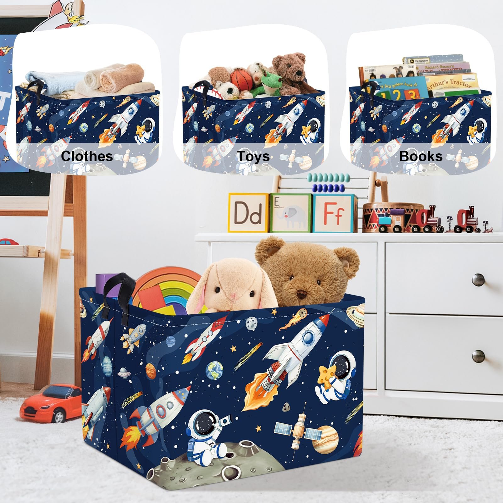 Корзина для игрушек HUUMONSS Космические ракеты Детская складная для мальчиков Большая, Синий, 36 л, фото №5