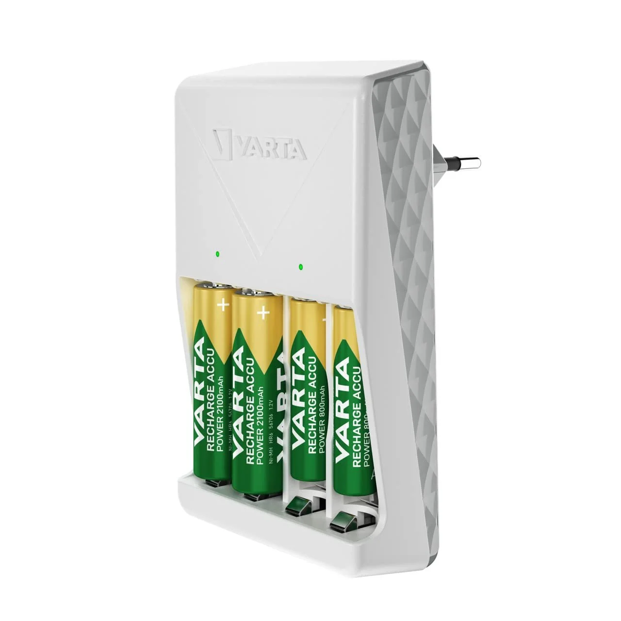 Зарядний пристрій VARTA для акумуляторів, в комплекті 4 x AA 2100 mAh, заряджає 2 або 4 AA/AAA одночасно, штекерний зарядний пристрій, білий, фото №6