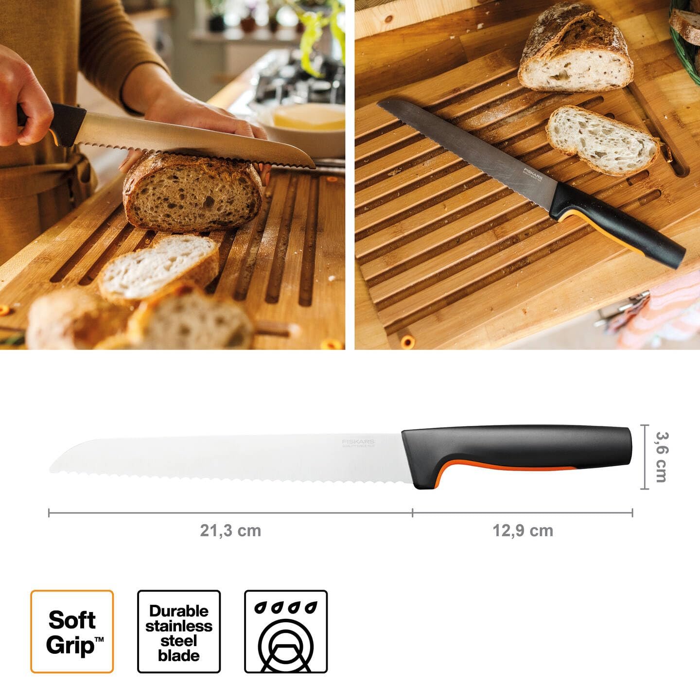 Набір ножів Fiskars Functional Form 5 од. Кухарський ніж, ніж для овочів, ніж для помідорів, ніж Santoku, ніж для хліба, японська нержавіюча сталь/пластик, чорний/помаранчевий, фото №5