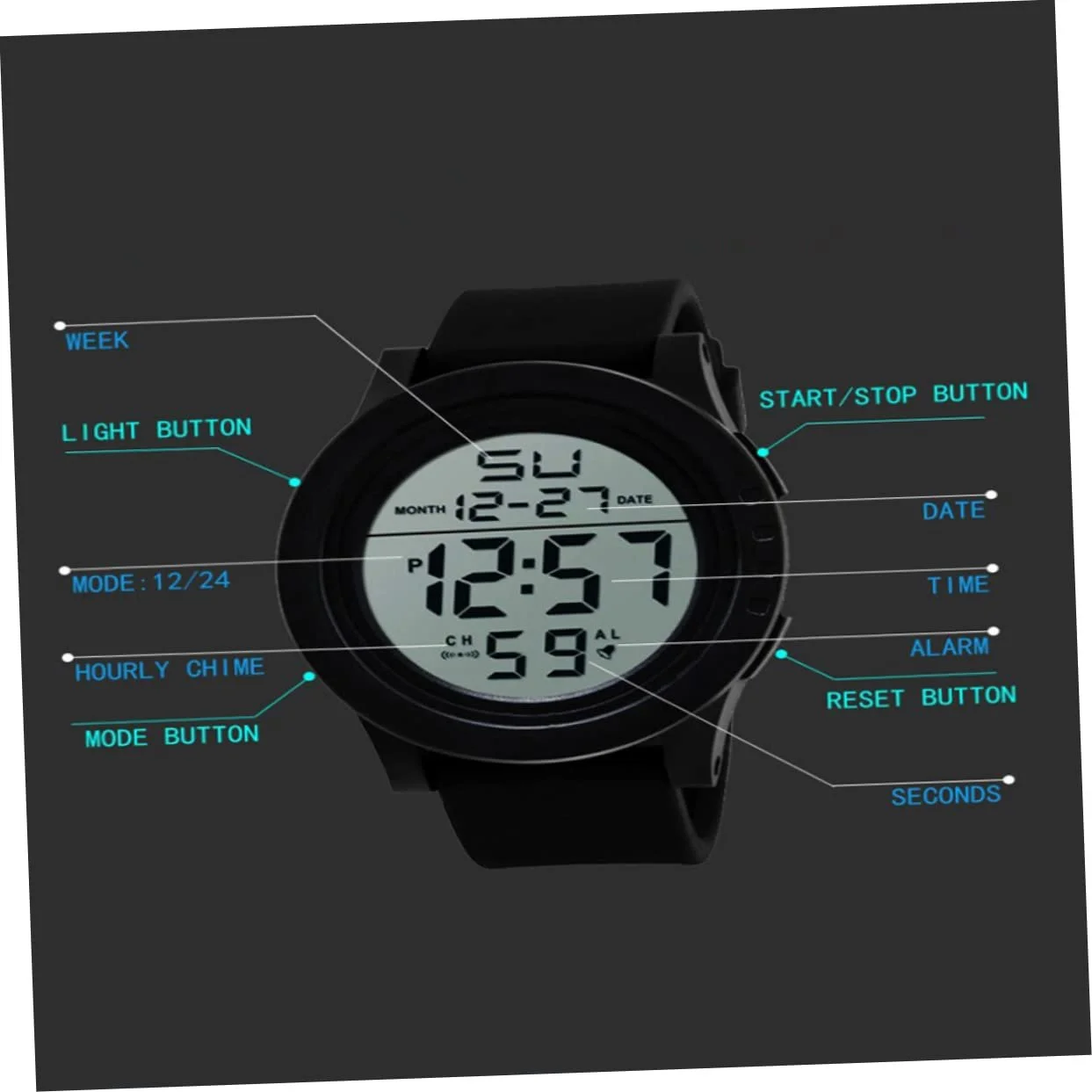 Цифровые часы OATIPHO водонепроницаемые с датчиком свечения, солнечной батареей и светодиодной подсветкой, черные кварцевые часы, мужские часы-хронограф на солнечной батарее с большим экраном, черные, фото №6