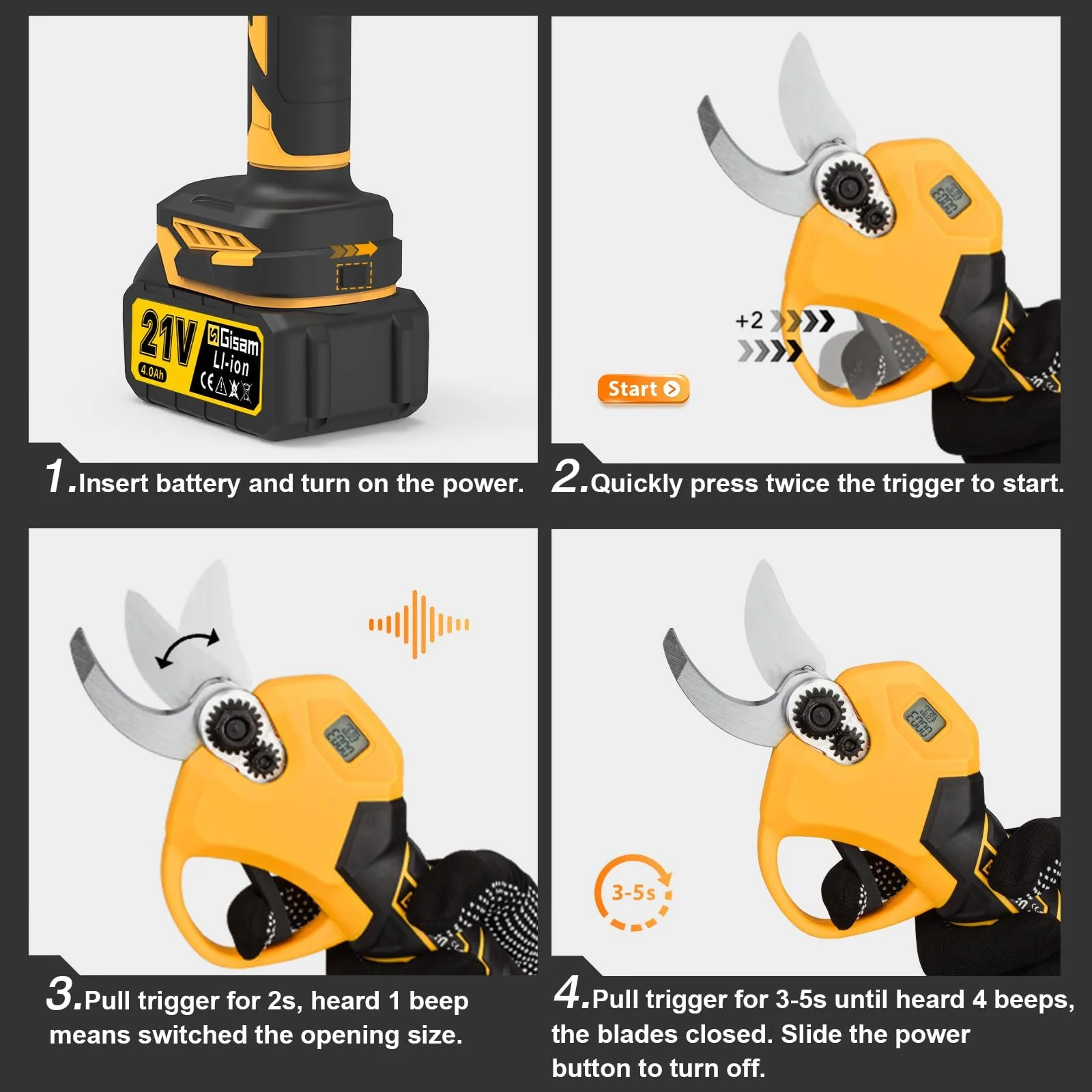 Акумуляторний секатор Gisam Electric 60 мм, 2 x 4Ah батареї та LED дисплей, фото №4