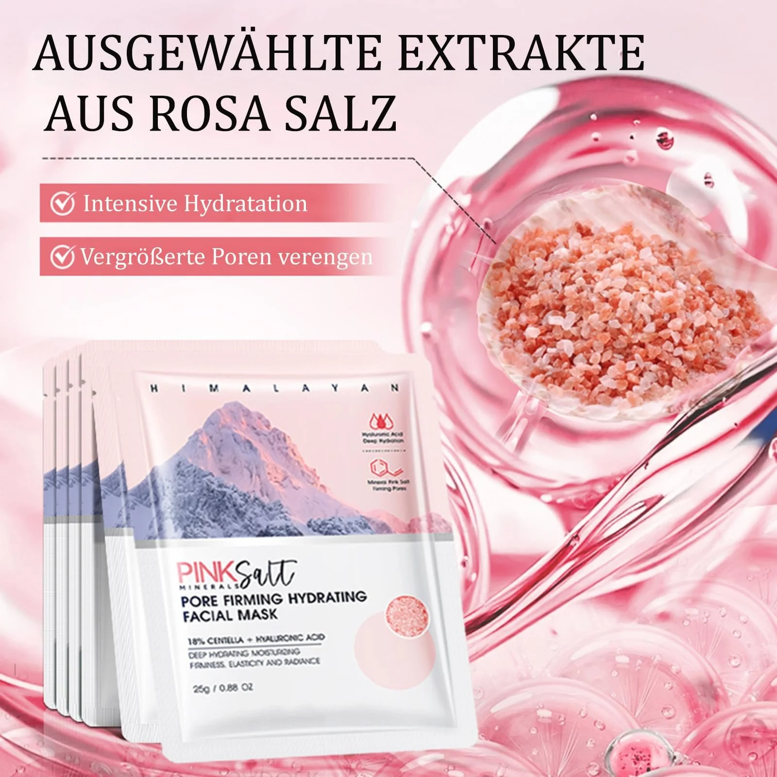 Маска для обличчя Soleneva з рожевою сіллю - 6 штук Зволожуюча маска для обличчя з центеллою та гіалуроновою кислотою, фото №2