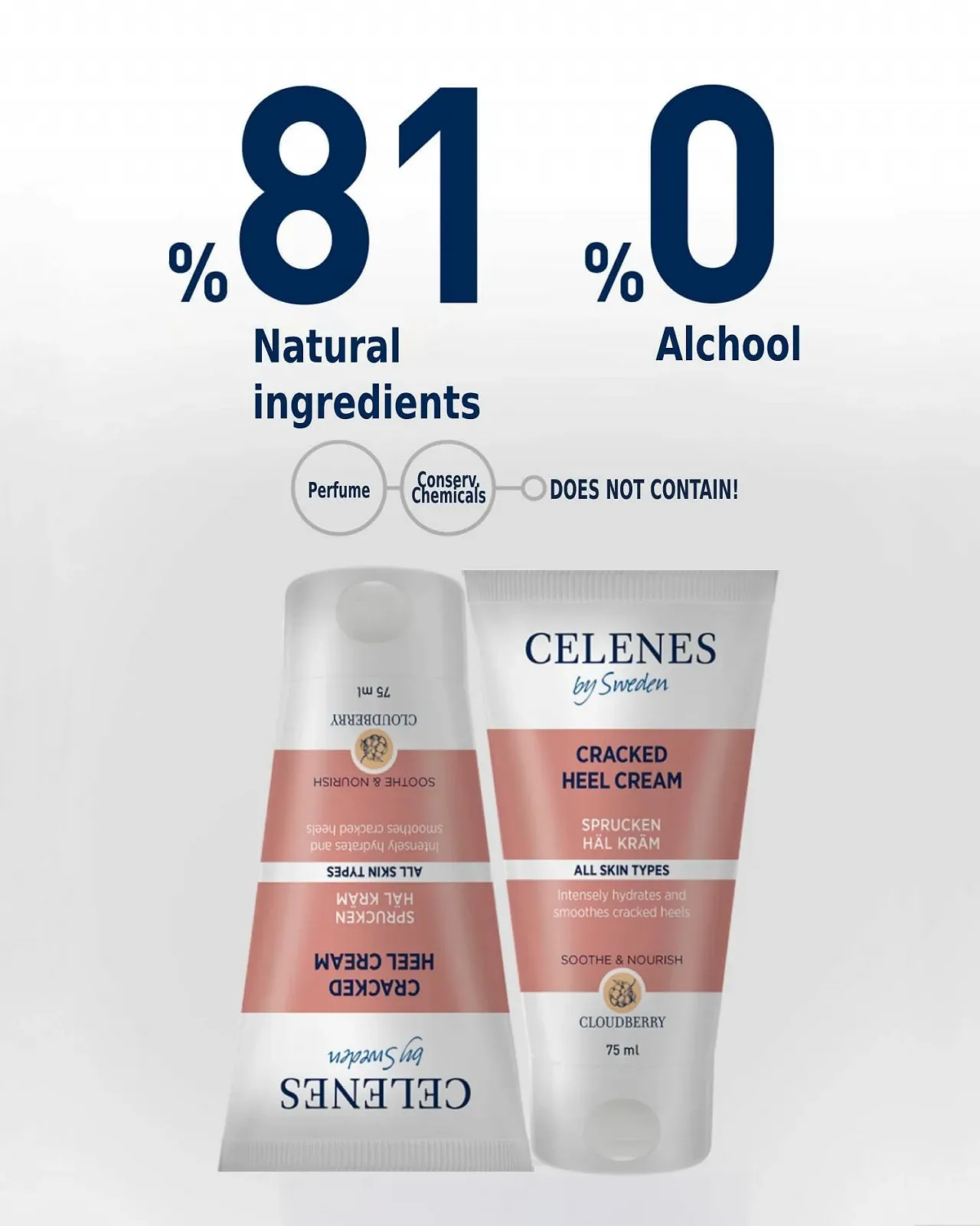 Крем для потрескавшихся пяток Celenes by Sweden Cloudberry восстанавливающая формула с Urea, маслами авокадо и миндаля веганский 2 x 75 мл, фото №5