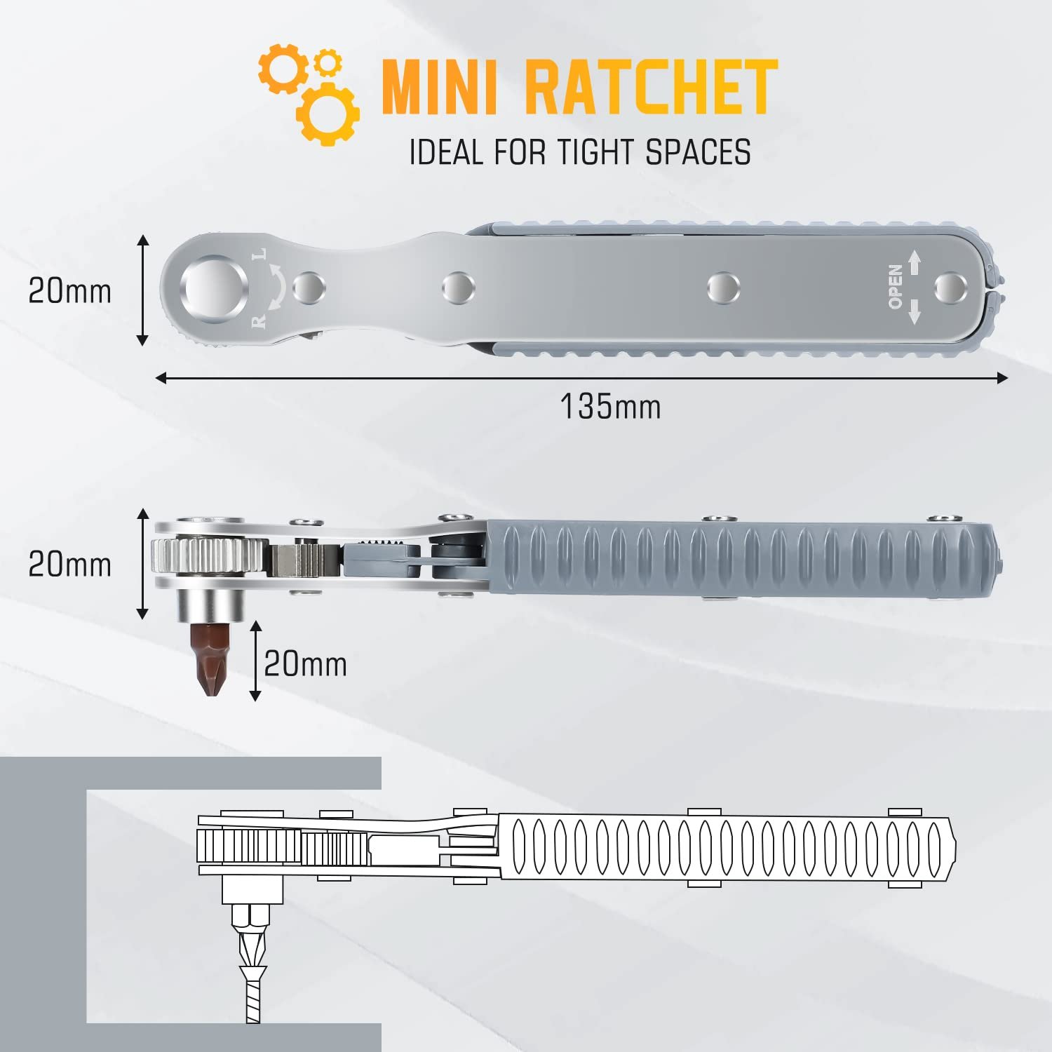 Набір викруток ANBEISTEE Mini Ratchet 1/4 Inch Tight Range High Torque з реверсивною рукояткою під кутом 90 градусів та 4 многофункційними свердлами, фото №3 Набір викруток ANBEISTEE Mini Ratchet 1/4 Inch Tight Range High Torque з реверсивною рукояткою під кутом 90 градусів та 4 многофункційними свердлами, фото №3