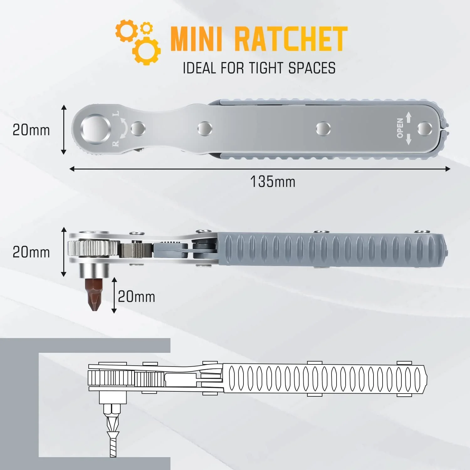 Набір викруток ANBEISTEE Mini Ratchet 1/4 Inch Tight Range High Torque з реверсивною рукояткою під кутом 90 градусів та 4 многофункційними свердлами, фото №3 Набір викруток ANBEISTEE Mini Ratchet 1/4 Inch Tight Range High Torque з реверсивною рукояткою під кутом 90 градусів та 4 многофункційними свердлами, фото №3
