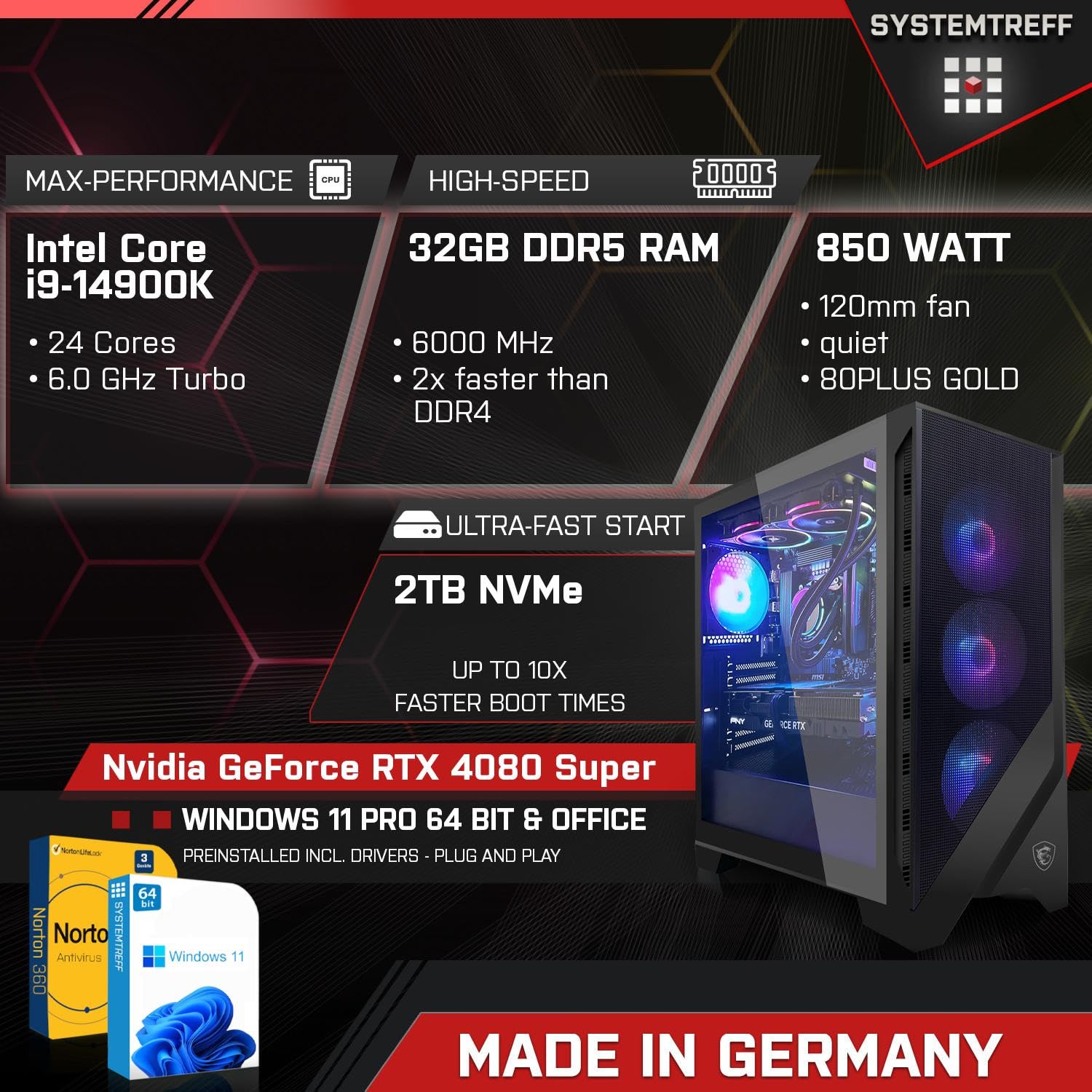 SYSTEMTREFF Висококласний Ігровий ПК Intel Core i9-14900K 24x6GHz Nvidia GeForce RTX 4080 Super 16GB DX12 2TB M.2 NVMe 32GB DDR5 RAM WLAN, фото №2 SYSTEMTREFF Висококласний Ігровий ПК Intel Core i9-14900K 24x6GHz Nvidia GeForce RTX 4080 Super 16GB DX12 2TB M.2 NVMe 32GB DDR5 RAM WLAN, фото №2