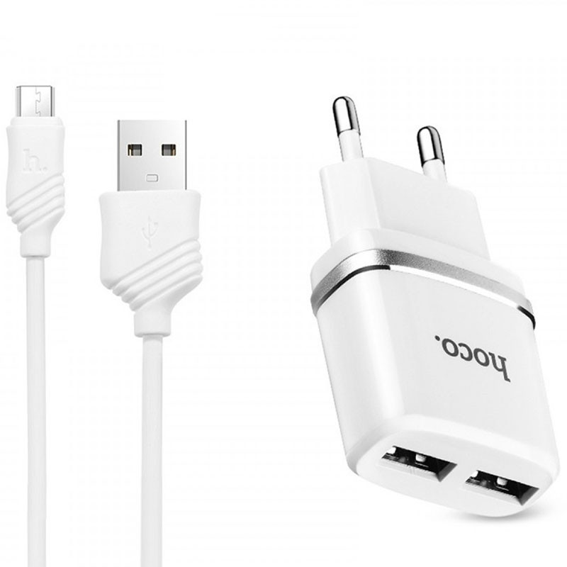 СЗУ Hoco C12 Charger Cable Micro 2.4A 2USB Белый, фото №1