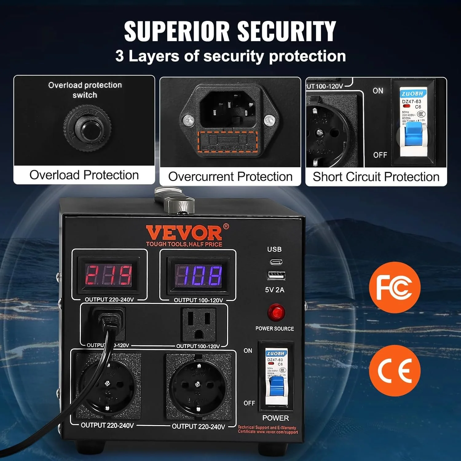 Трансформатор напряжения VEVOR SV-500VA / 500 Вт / 15 A / AC 110/220 В / 5 В USB / Черный, фото №10 Трансформатор напряжения VEVOR SV-500VA / 500 Вт / 15 A / AC 110/220 В / 5 В USB / Черный, фото №10