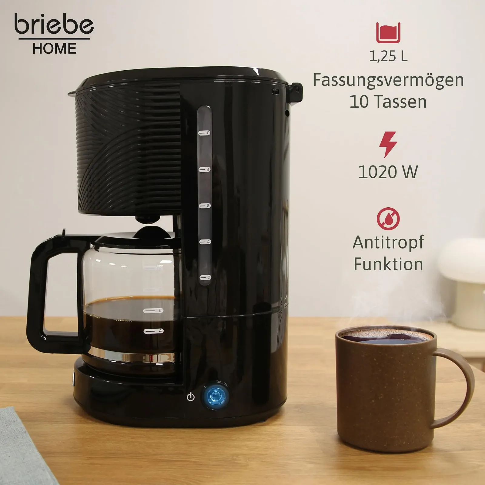 Набор кофеварка и электрический вспениватель молока briebe Elegance 10 чашек, 1.25 L, 4-в-1, Черный, фото №2